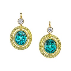 5 ct. t.w. Blue Zircon, Diamond 18k Bezel, Lever Back Engraved Drop Earrings