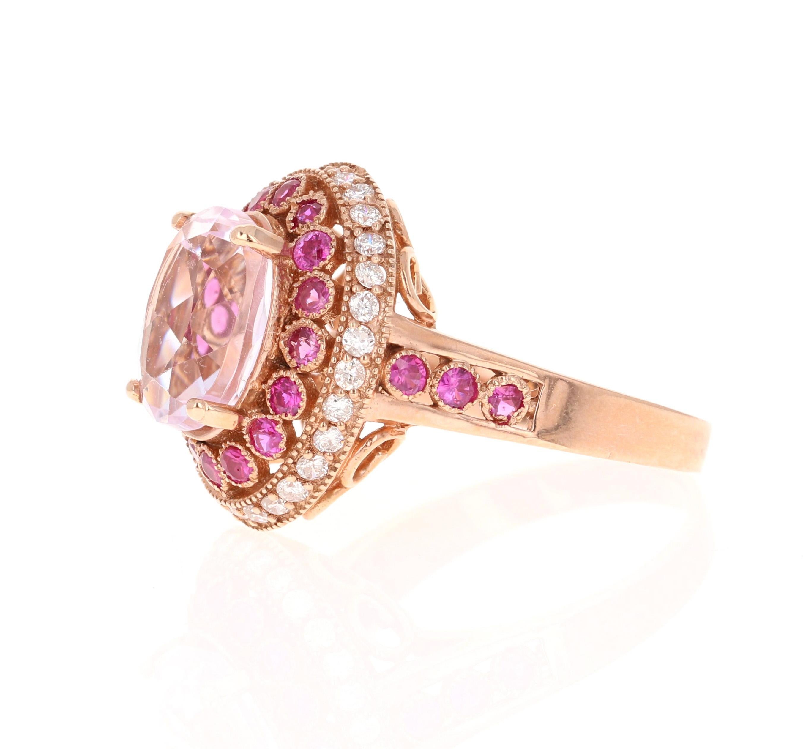 Contemporary 5.92 Carat Kunzite Pink Sapphire Diamond Rose Gold Cocktail Ring For Sale