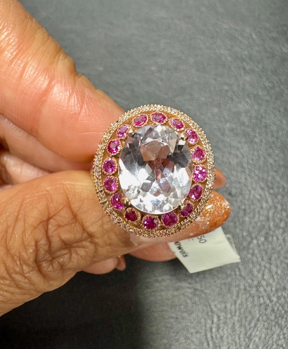 Bague cocktail en or rose avec saphir rose, kunzite et diamant de 5,92 carats Neuf - En vente à Los Angeles, CA