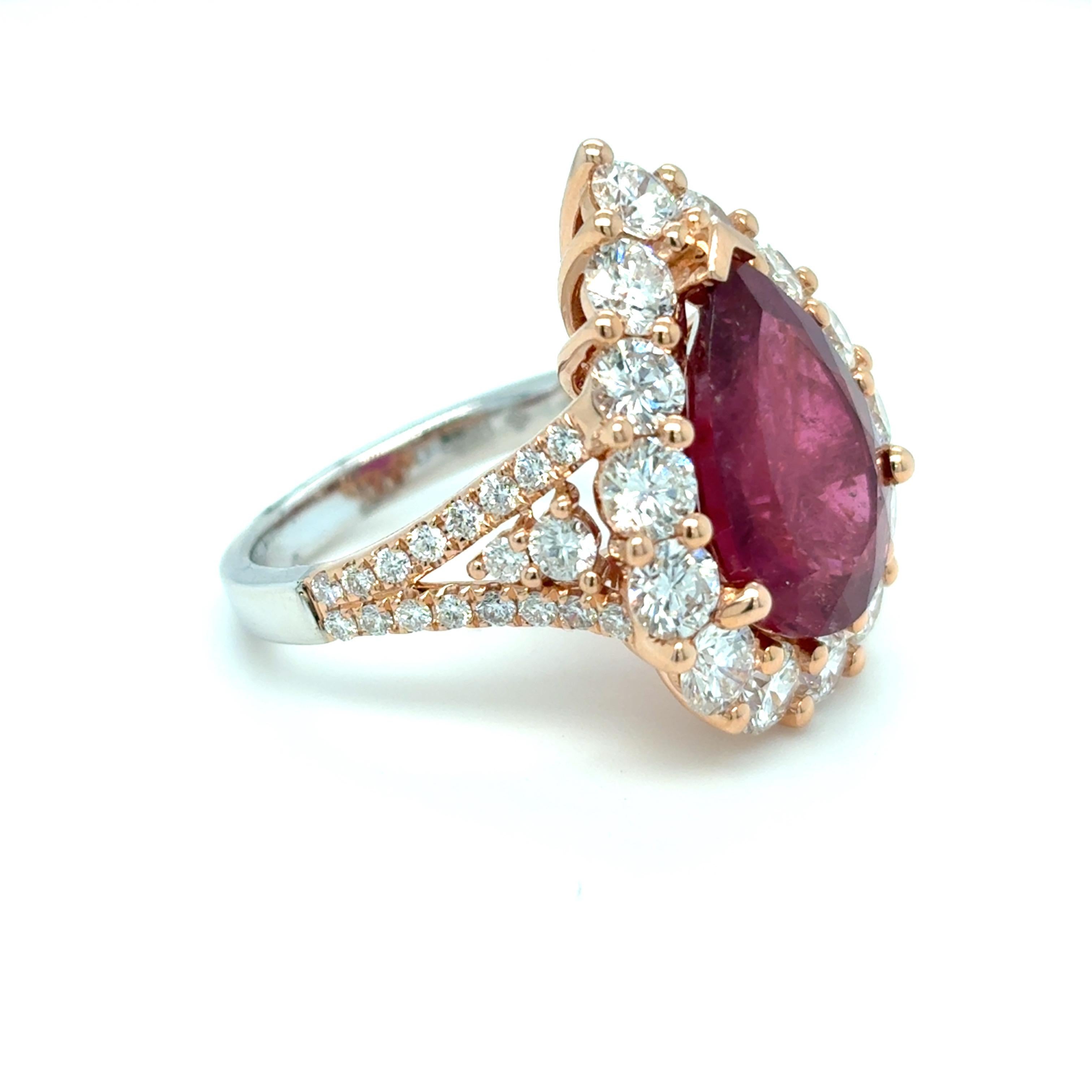 Pear Cut 5.92 Carat Rubellite Diamond Two Tone Gold Cocktail Ring For Sale