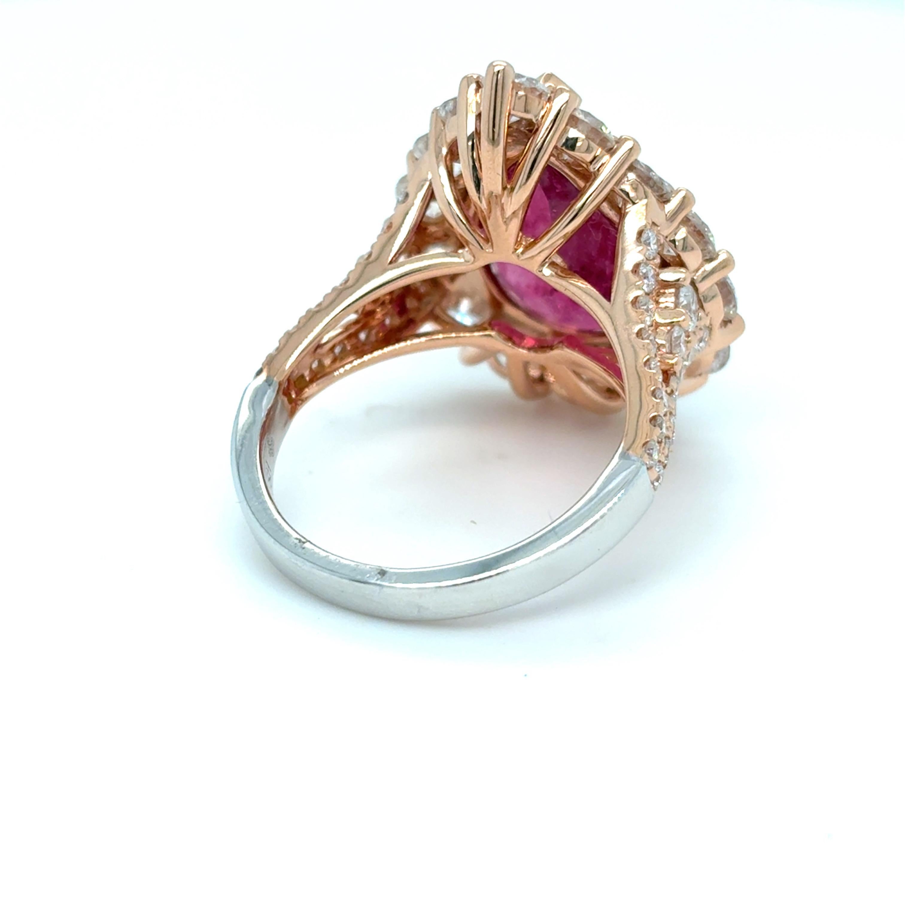 Women's 5.92 Carat Rubellite Diamond Two Tone Gold Cocktail Ring For Sale