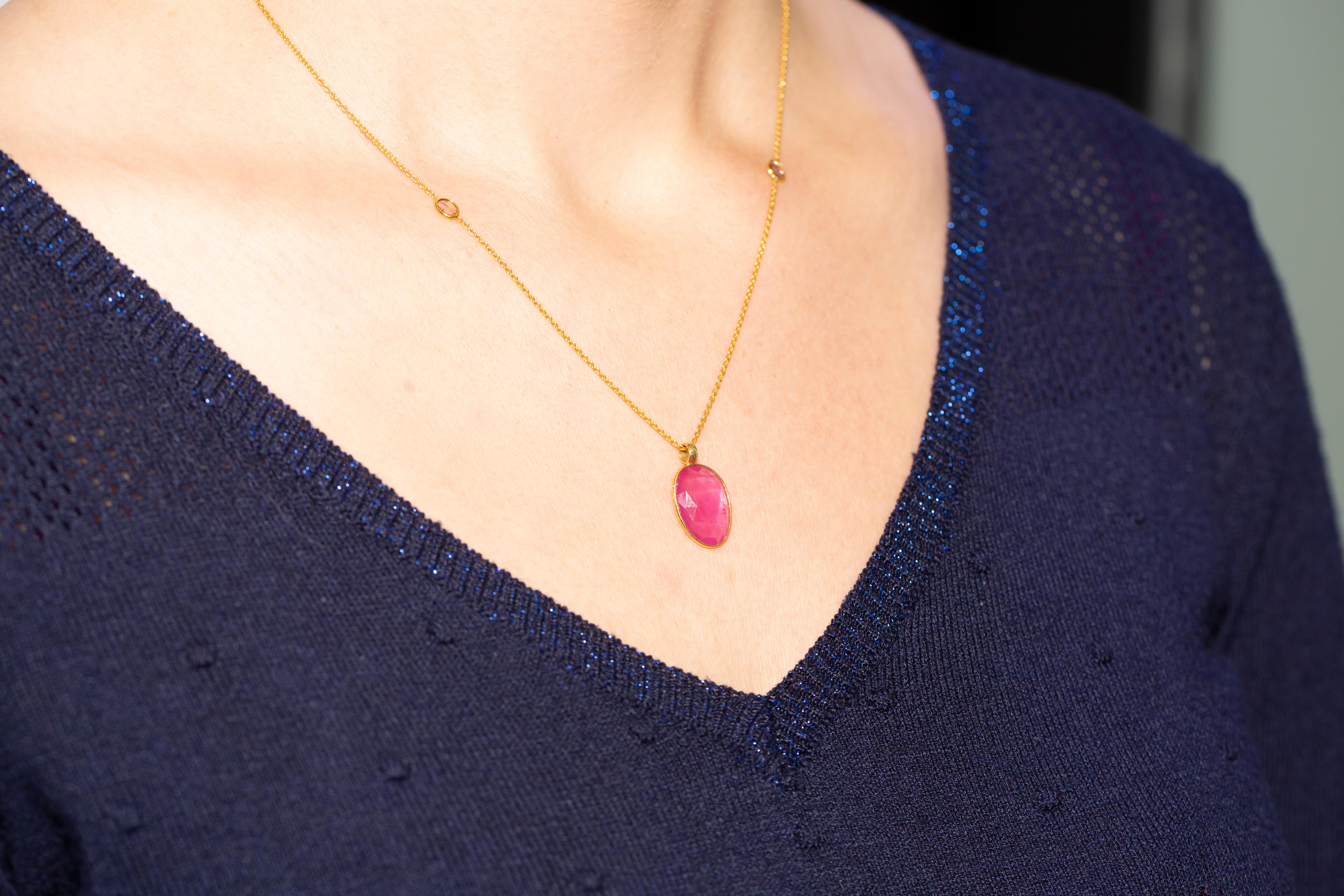 This stunning timelessly elegant rose cut 5.80 Carat Ruby from the Artisan collection is set in luxurious 18 Karat Yellow Gold chain featuring 0.12 total Carat weight of Diamond slices. Each peace is hand made with a unique shaped precious stone in