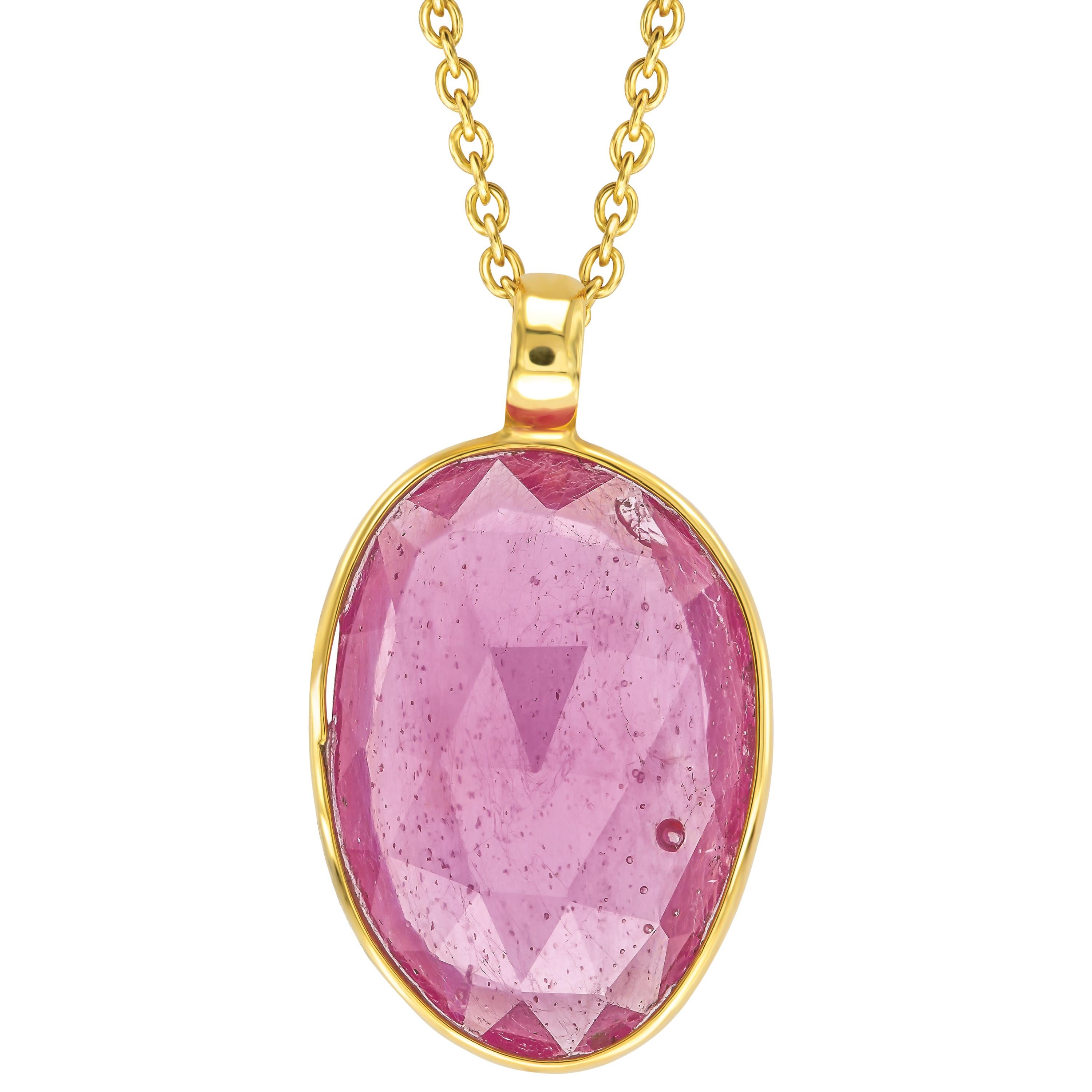 Contemporary 5.92 Carat Ruby Diamond Rose Cut 18 Karat Yellow Gold Artisan Necklace  For Sale