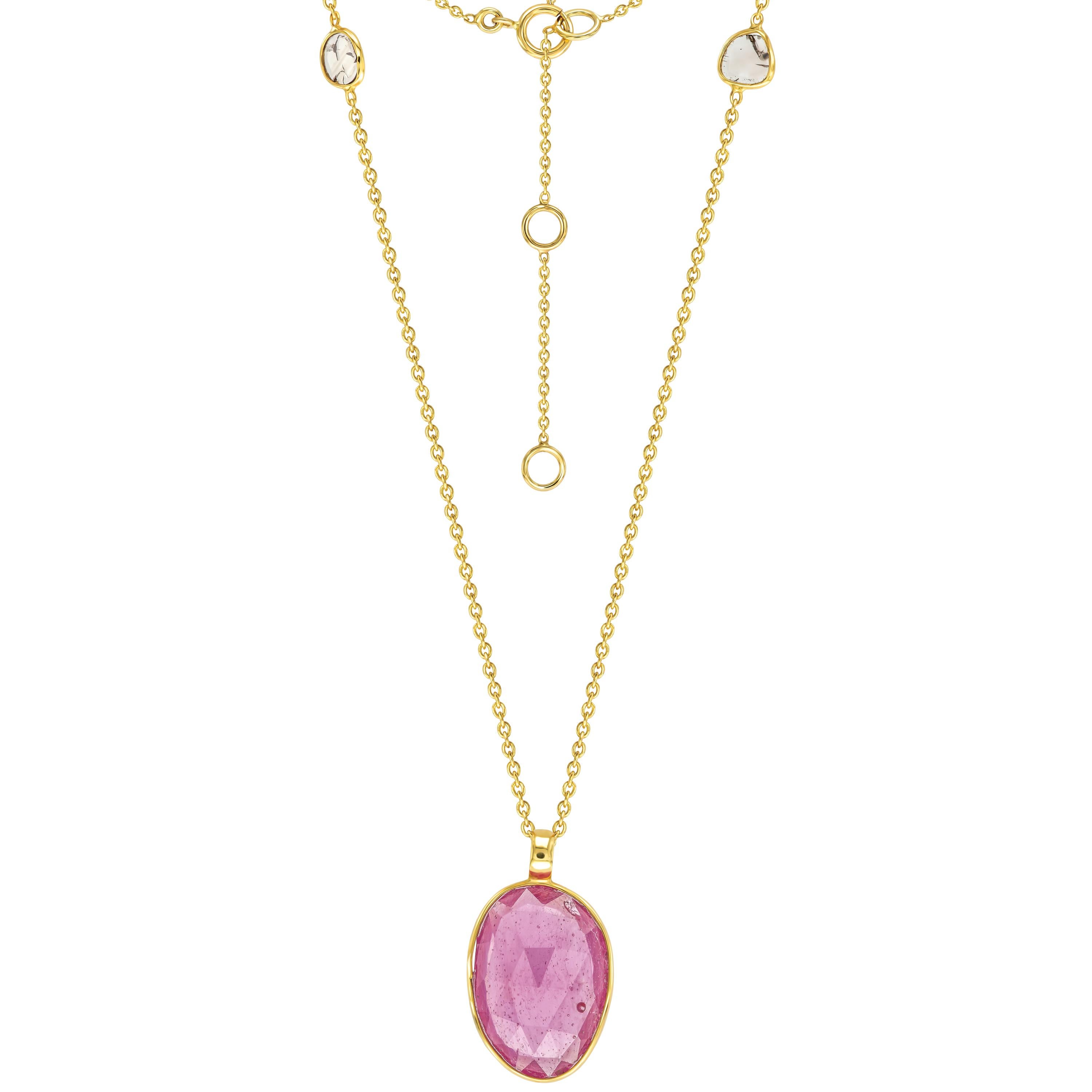 5.92 Carat Ruby Diamond Rose Cut 18 Karat Yellow Gold Artisan Necklace  For Sale