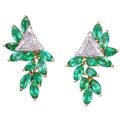 5.92 Carat Trillion Cut Diamond Green Emerald Leaf 18k Yellow Gold Earrings