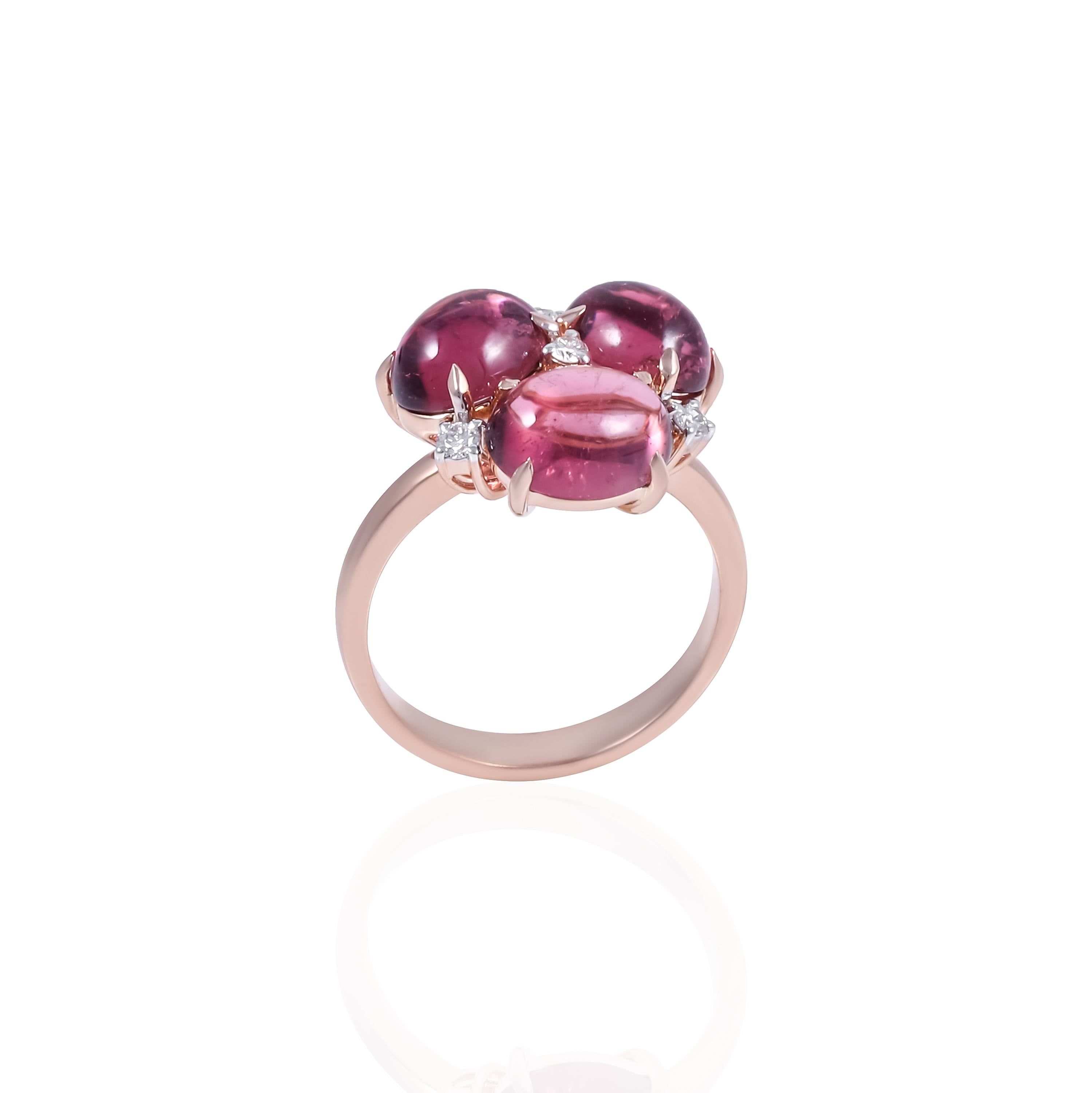 Cabochon 5.92 Carat Trio Pink Tourmaline Ring with 0.13 Carat Diamonds in 18 karat gold For Sale