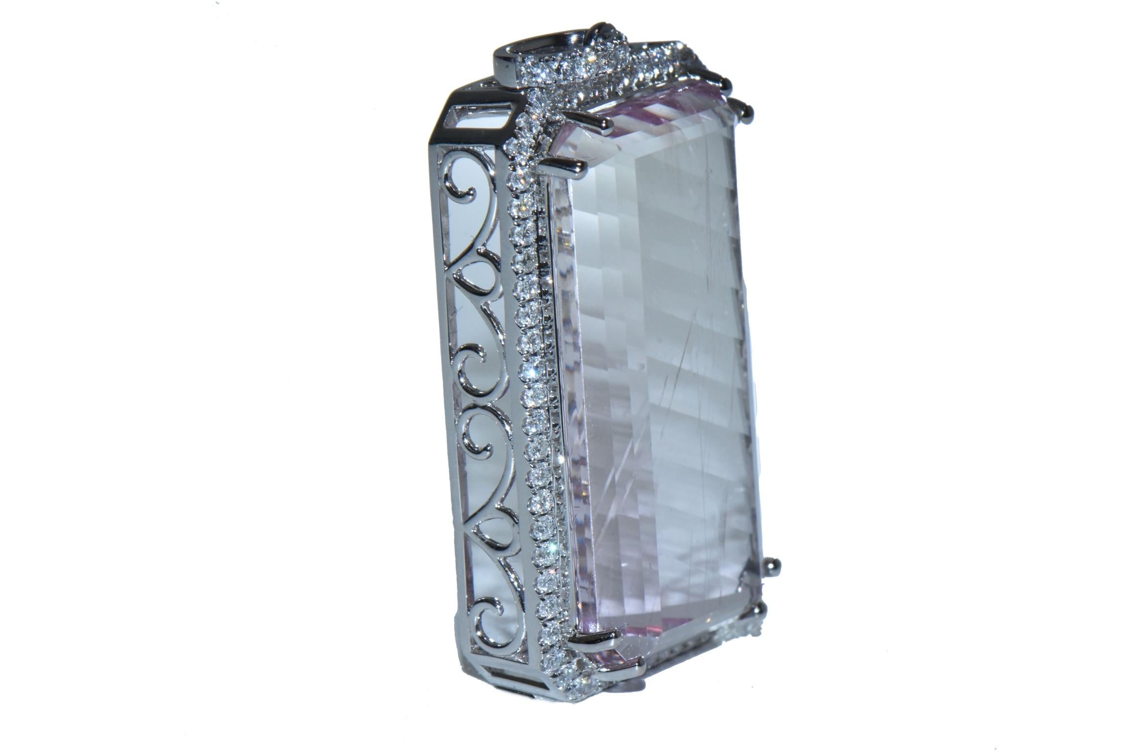 59.29 Carat Emerald Cut Kunzite Pendant set in 18k White Gold with Diamond Halo  In New Condition For Sale In New York, NY