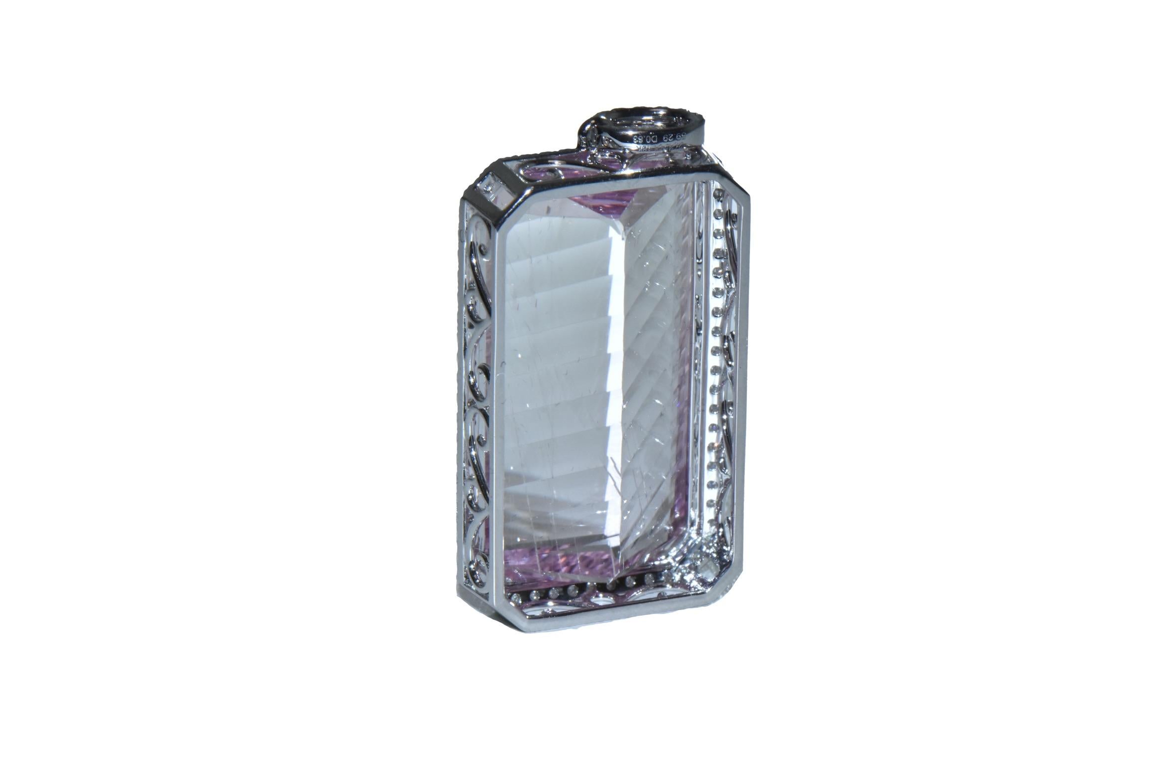 59.29 Carat Emerald Cut Kunzite Pendant set in 18k White Gold with Diamond Halo  For Sale 1