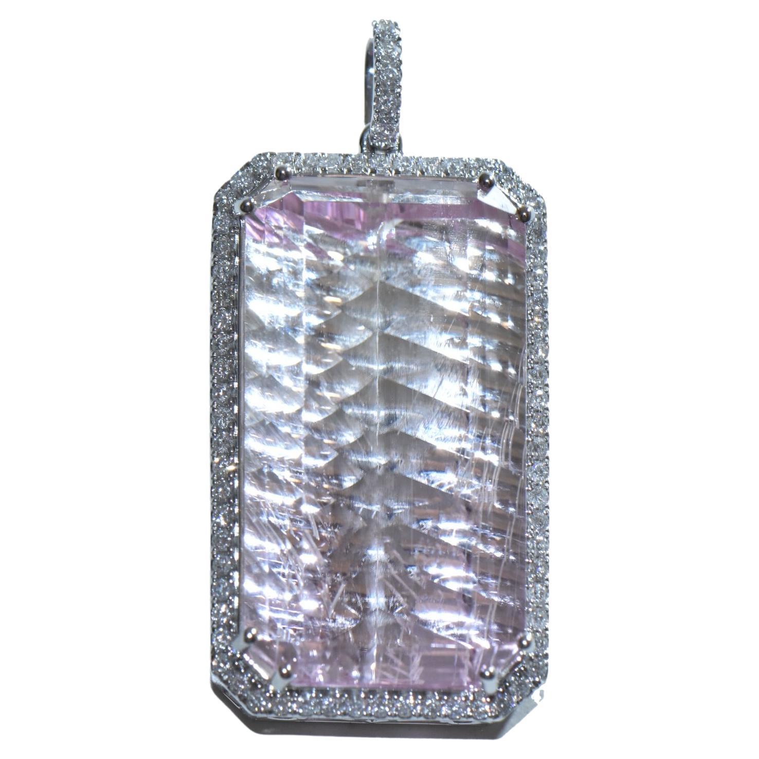 59.29 Carat Emerald Cut Kunzite Pendant set in 18k White Gold with Diamond Halo 