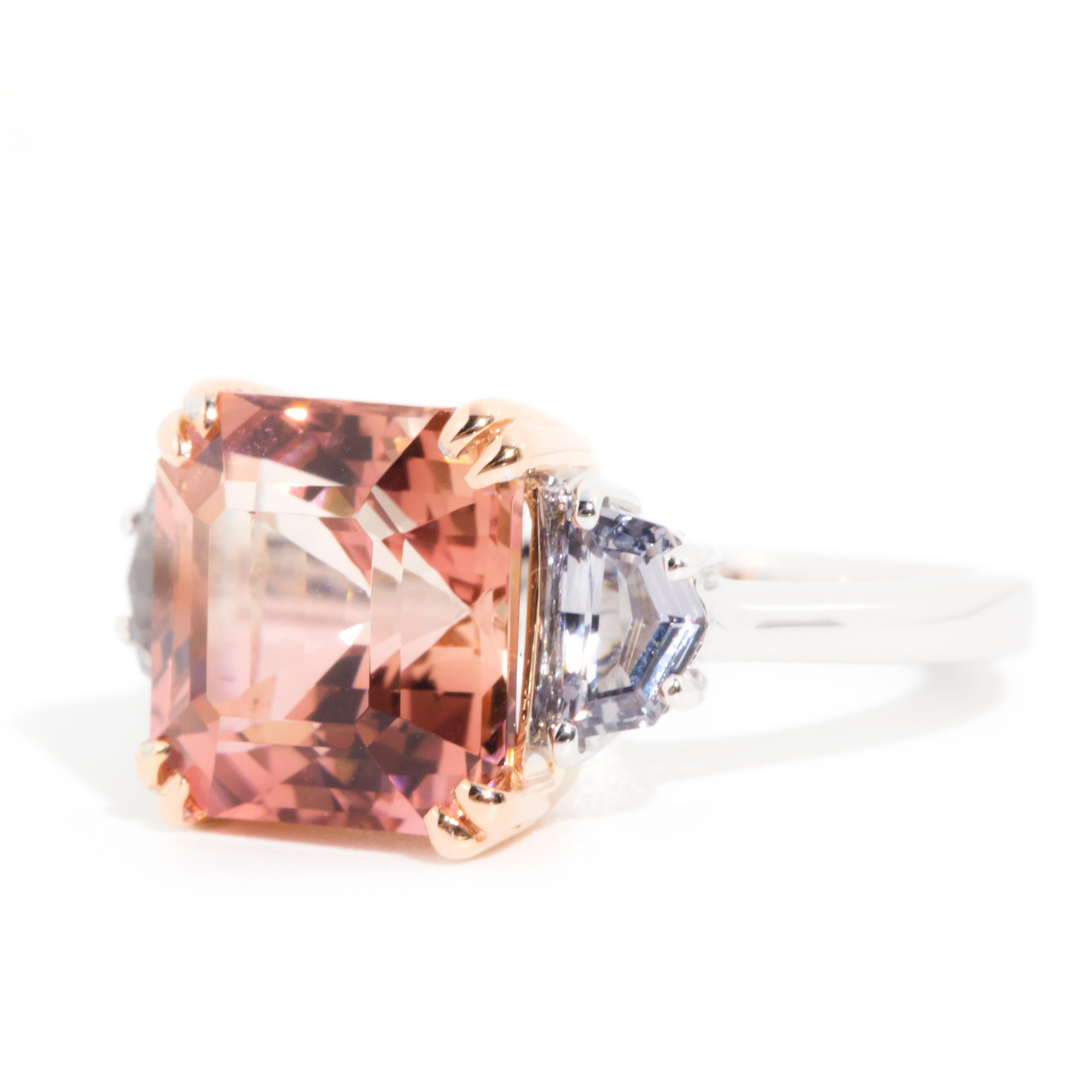 5.93 Carat Bi-Colour Tourmaline and Spinel Three Stone Ring in 18 Carat Gold 2