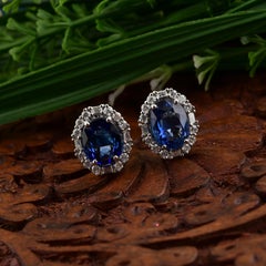 5.93 Carat Blue Sapphire Diamond Halo 14 Karat White Gold Stud Earrings Gift