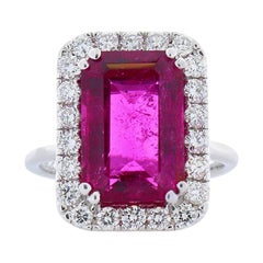 5.93 Carat Emerald Rubellite and Diamond Cocktail Ring in 18 Karat White Gold