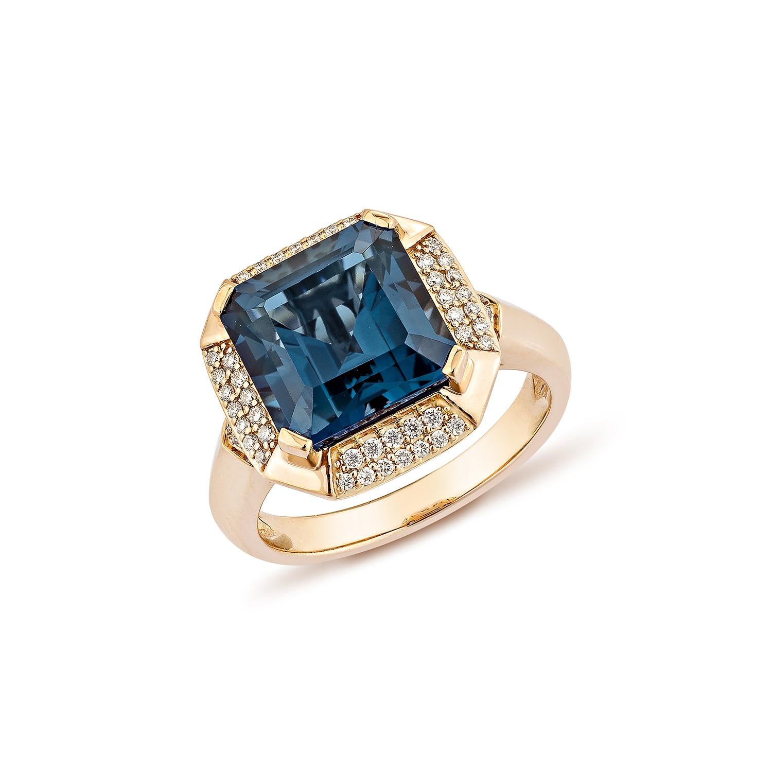 Contemporary Sunita Nahata 5.93 Carat London Blue Topaz Ring in 18KRG with White Diamond. For Sale
