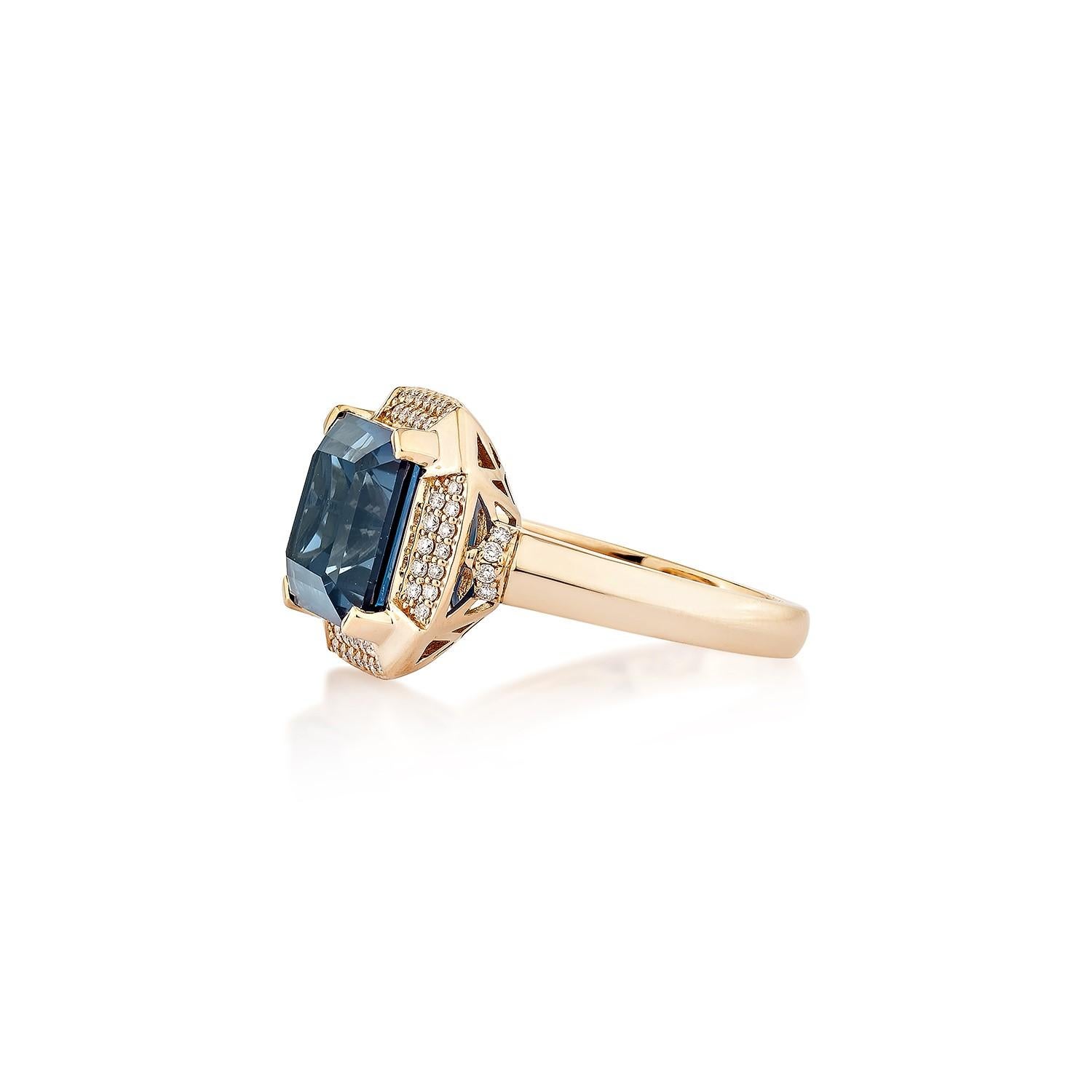 Cushion Cut Sunita Nahata 5.93 Carat London Blue Topaz Ring in 18KRG with White Diamond. For Sale
