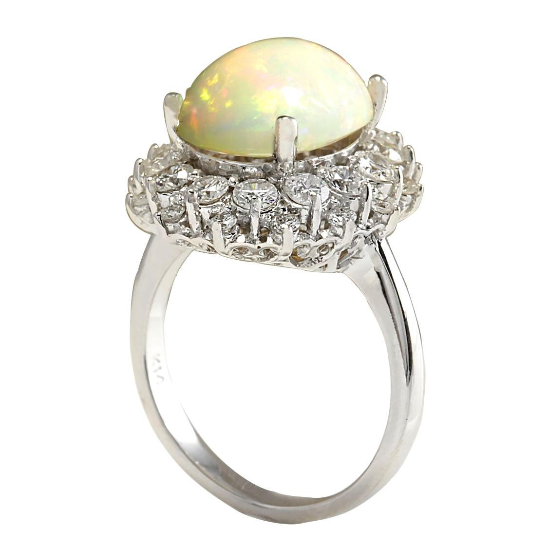 Oval Cut Natural Diamond Ring In Opal 14 Karat White Gold  For Sale