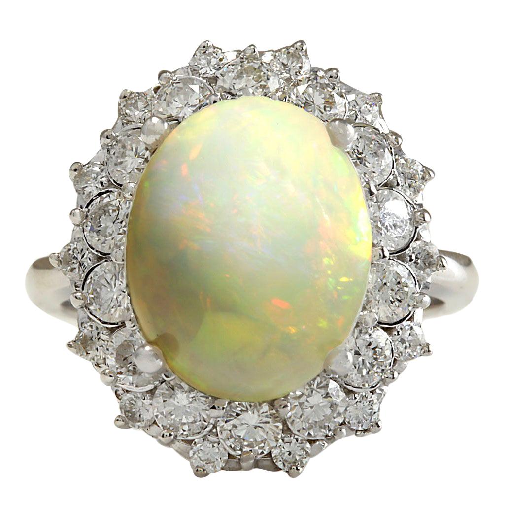 Natural Diamond Ring In Opal 14 Karat White Gold 
