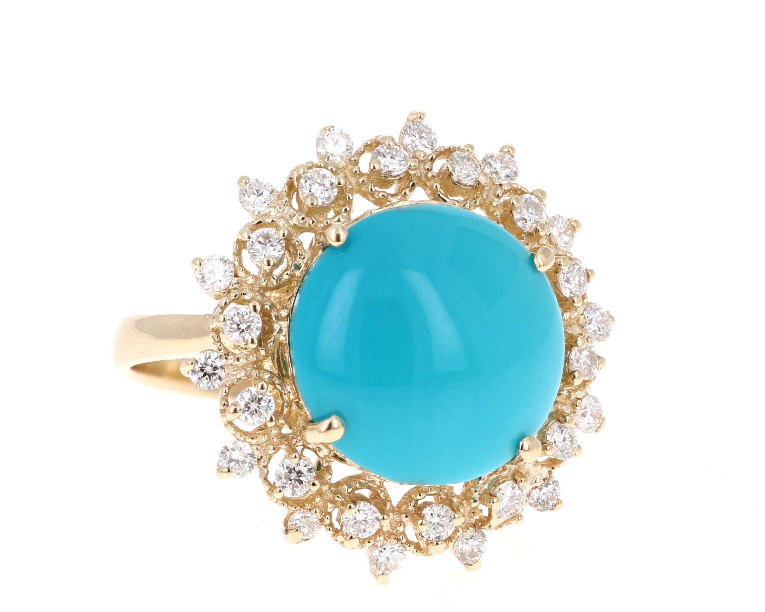 This gorgeous cocktail ring has a beautiful Round Cut Turquoise that weighs 5.32 carats and 20 Round Cut Diamonds that weigh 0.61 carats. The Clarity and Color of the Diamonds are SI2-F.  The total carat weight of the ring is 5.93 carats. 

It is