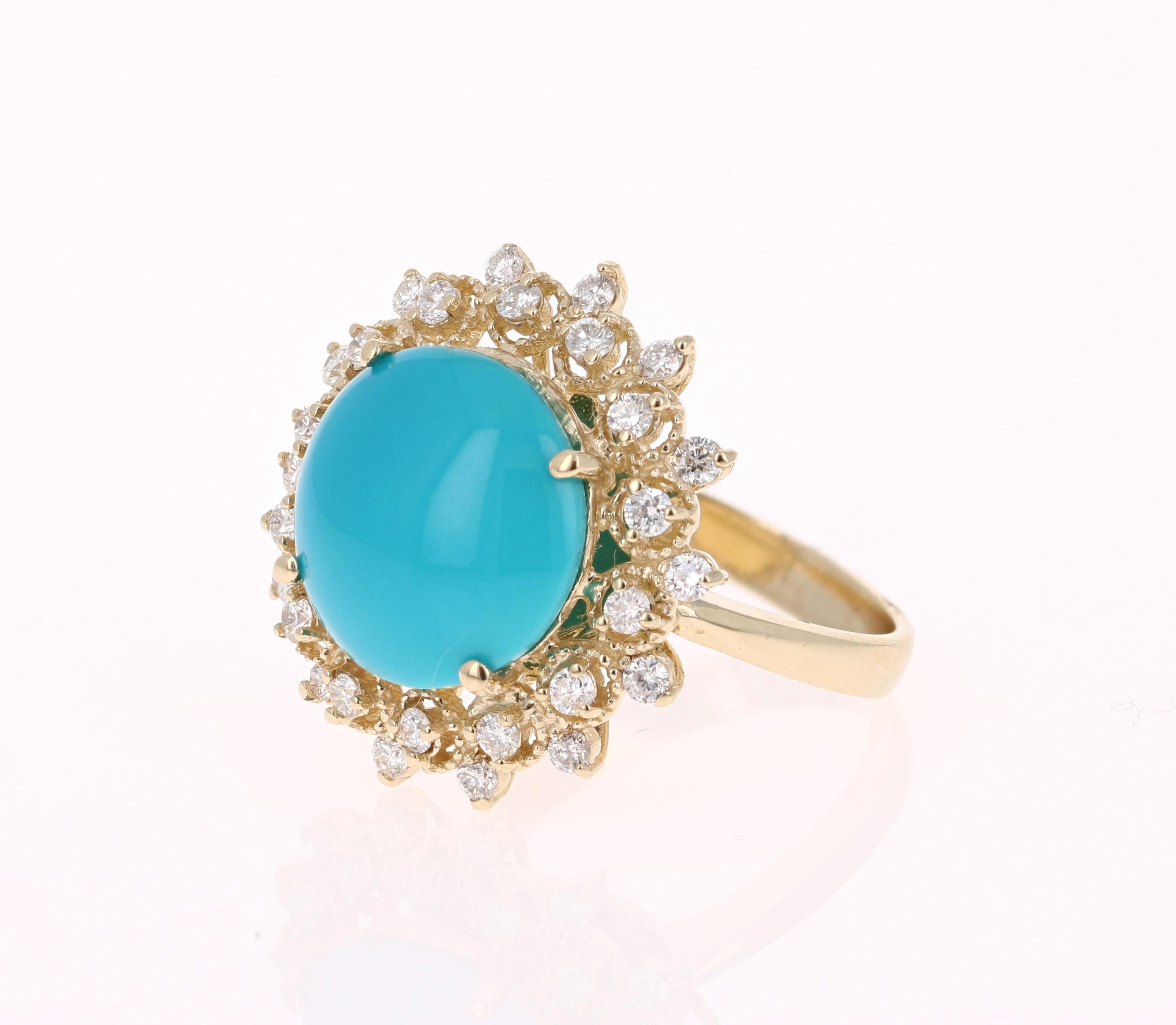 Modern 5.93 Carat Round Cut Turquoise Diamond 14 Karat Yellow Gold Ring