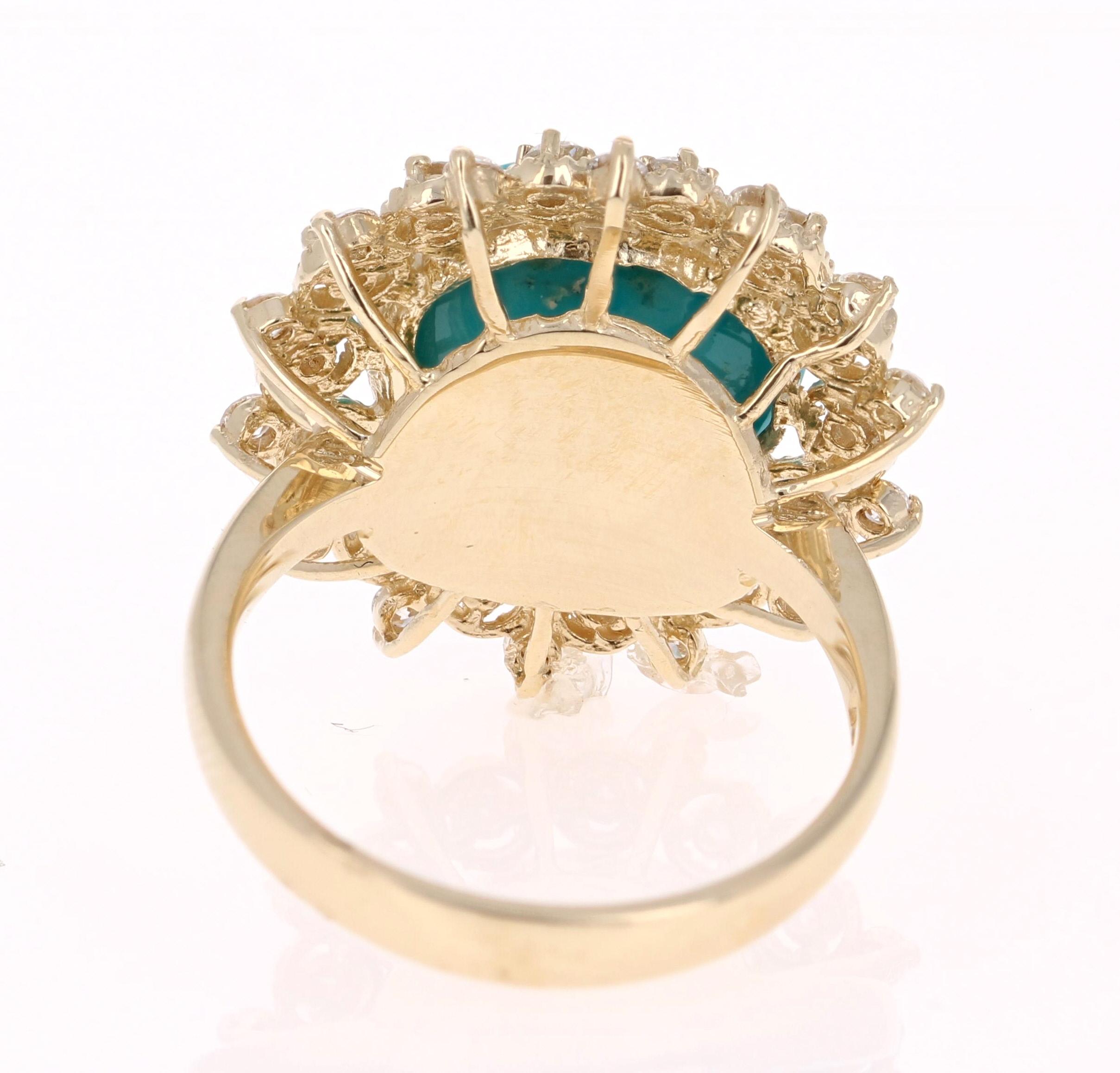 5.93 Carat Round Cut Turquoise Diamond 14 Karat Yellow Gold Ring In New Condition In Los Angeles, CA