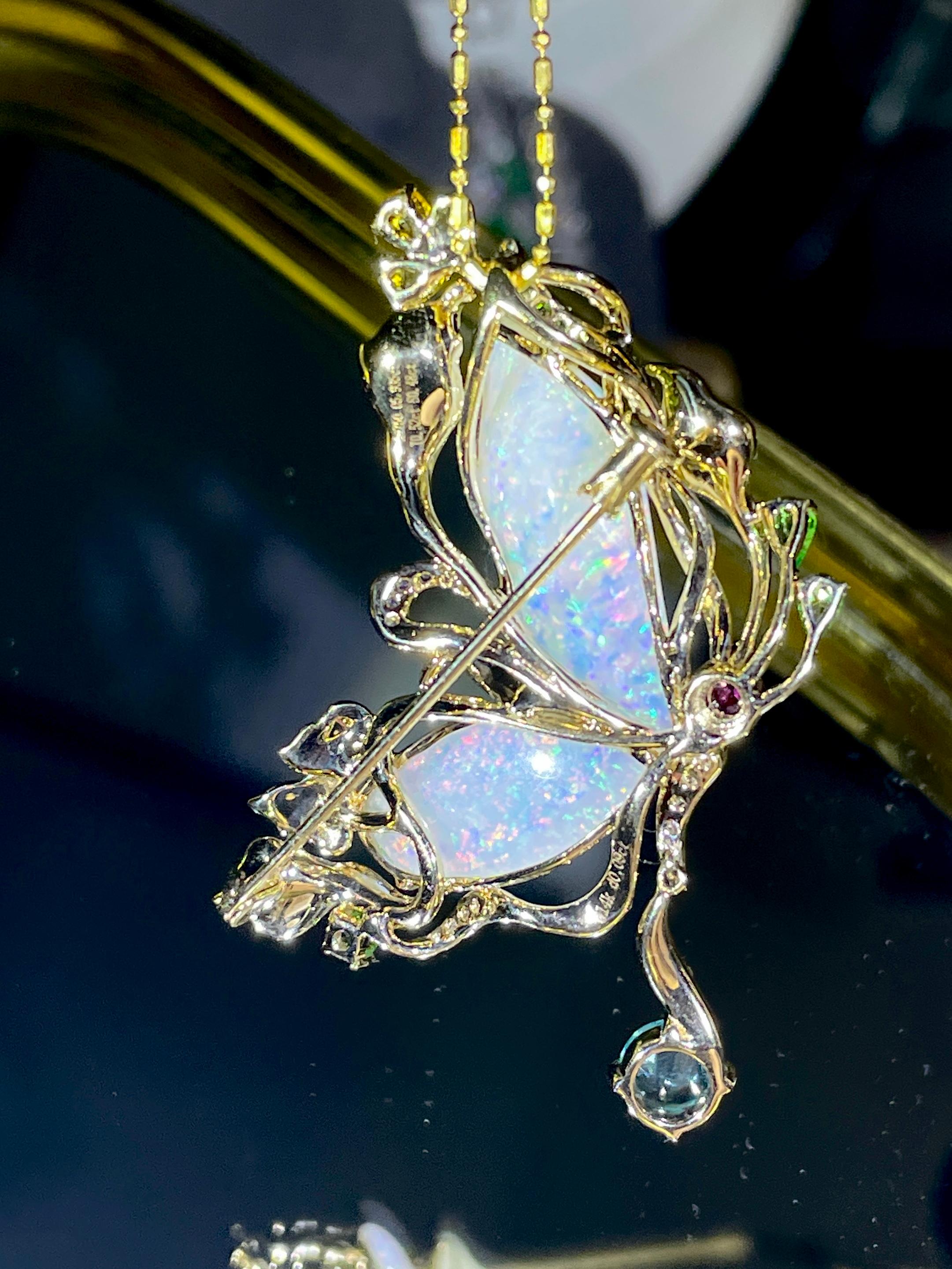 5.93ct Solid Australian Opal Freeform Butterfly Pendant Brooch 14K Gold 11g+ In New Condition For Sale In Osprey, FL