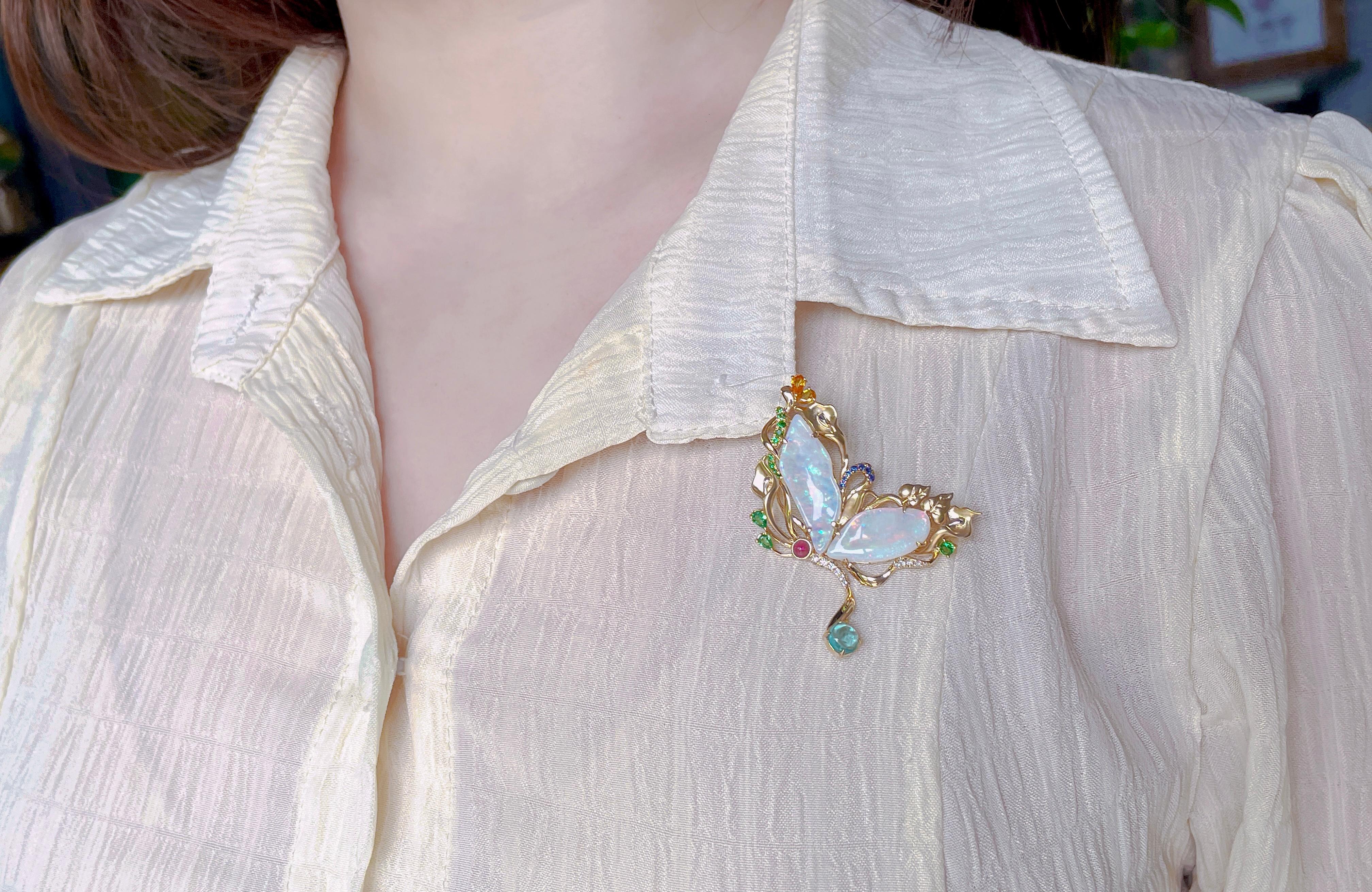 Women's or Men's 5.93ct Solid Australian Opal Freeform Butterfly Pendant Brooch 14K Gold 11g+ For Sale
