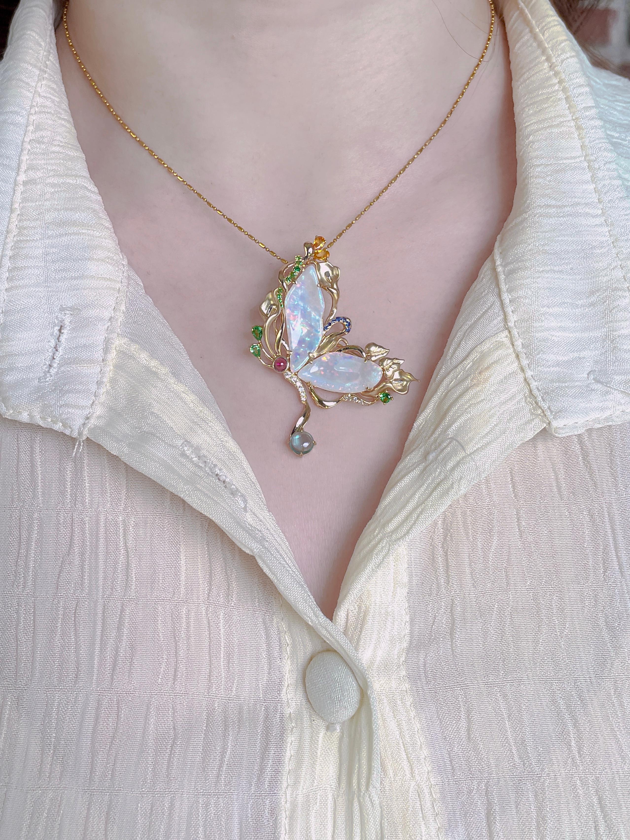 5.93ct Solid Australian Opal Freeform Butterfly Pendant Brooch 14K Gold 11g+ For Sale 1