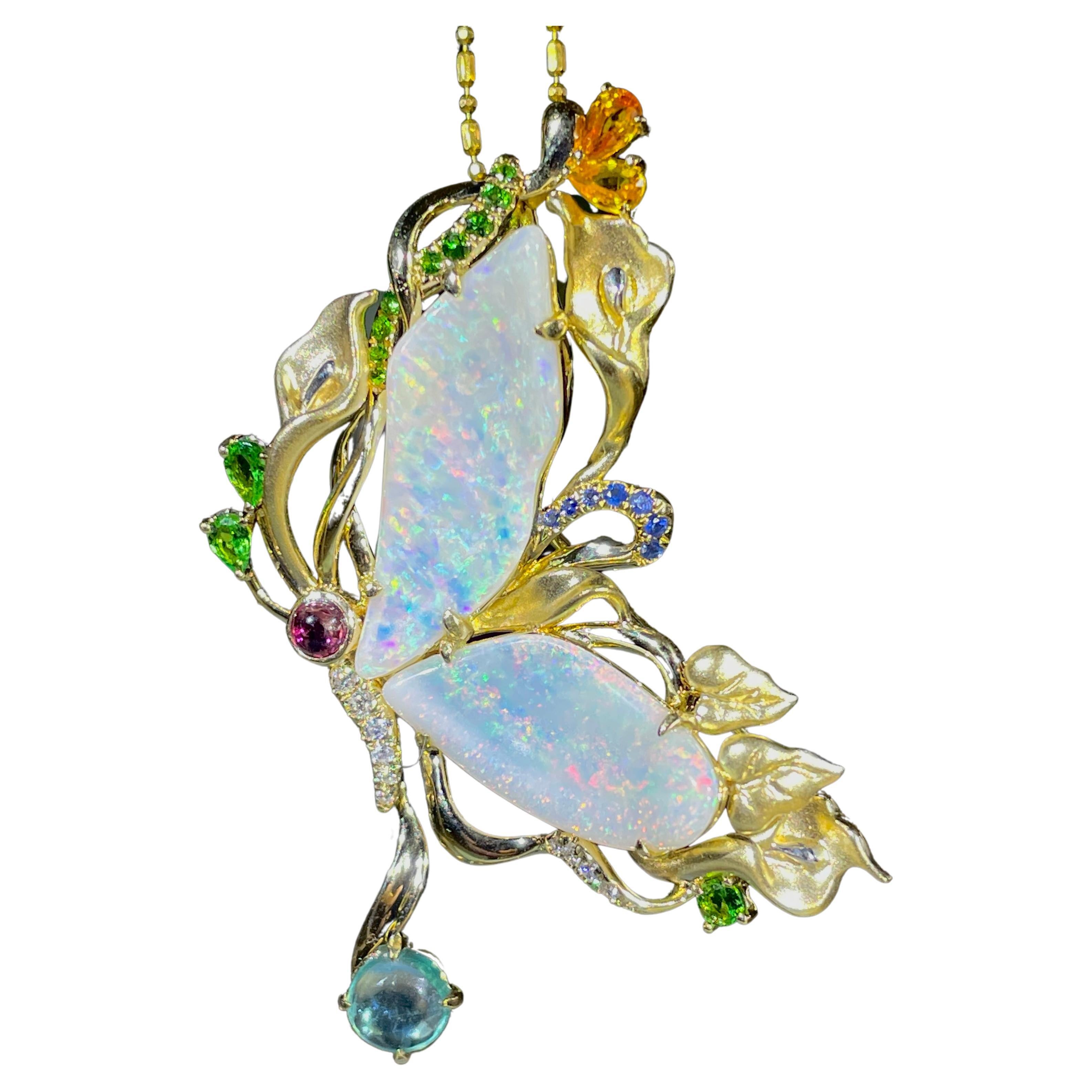 5.93ct Solid Australian Opal Freeform Butterfly Pendant Brooch 14K Gold 11g+ For Sale