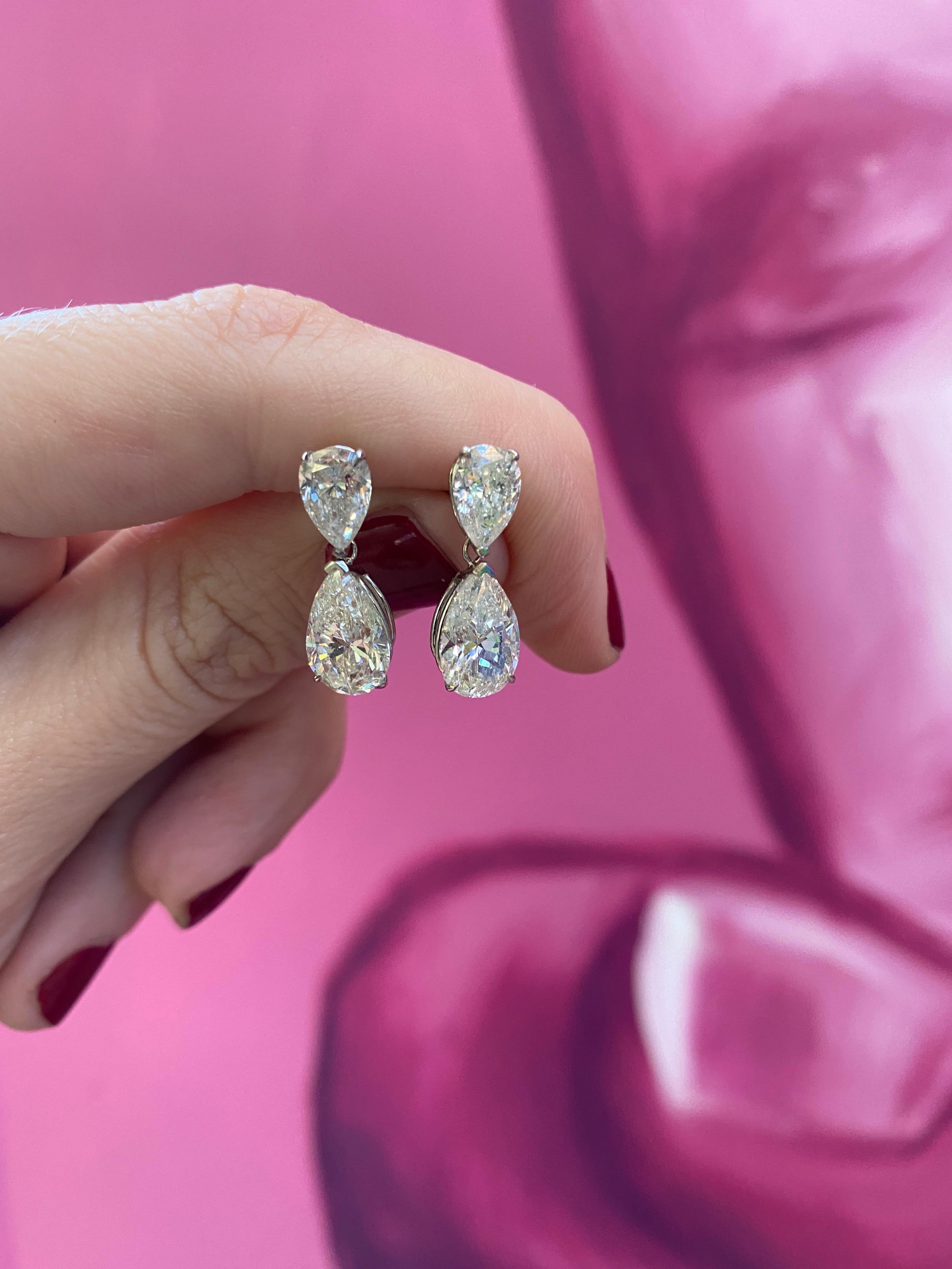 Pear Cut 5.93ctw Pear Shaped Diamond Drop Earrings, 14k White Gold I-J I1-SI2 For Sale