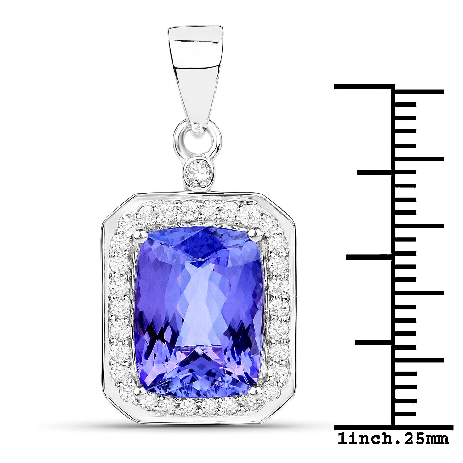 5.94 Carat Cushion-shaped Tanzanite and 0.44 Carats White Diamond 14 Karat White Gold Pendant

Center Stone Details:
Stone: Tanzanite
Shape: Cushion Shape
Size: 13x10x5.50mm
Weight: 5.94 carat

Diamond Details:
Shape: Round Brilliant (31)
Total