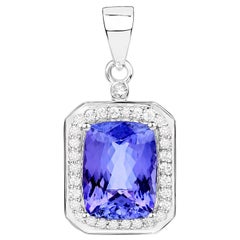 5.94 Carat Genuine Tanzanite and White Diamond 14 Karat White Gold Pendant