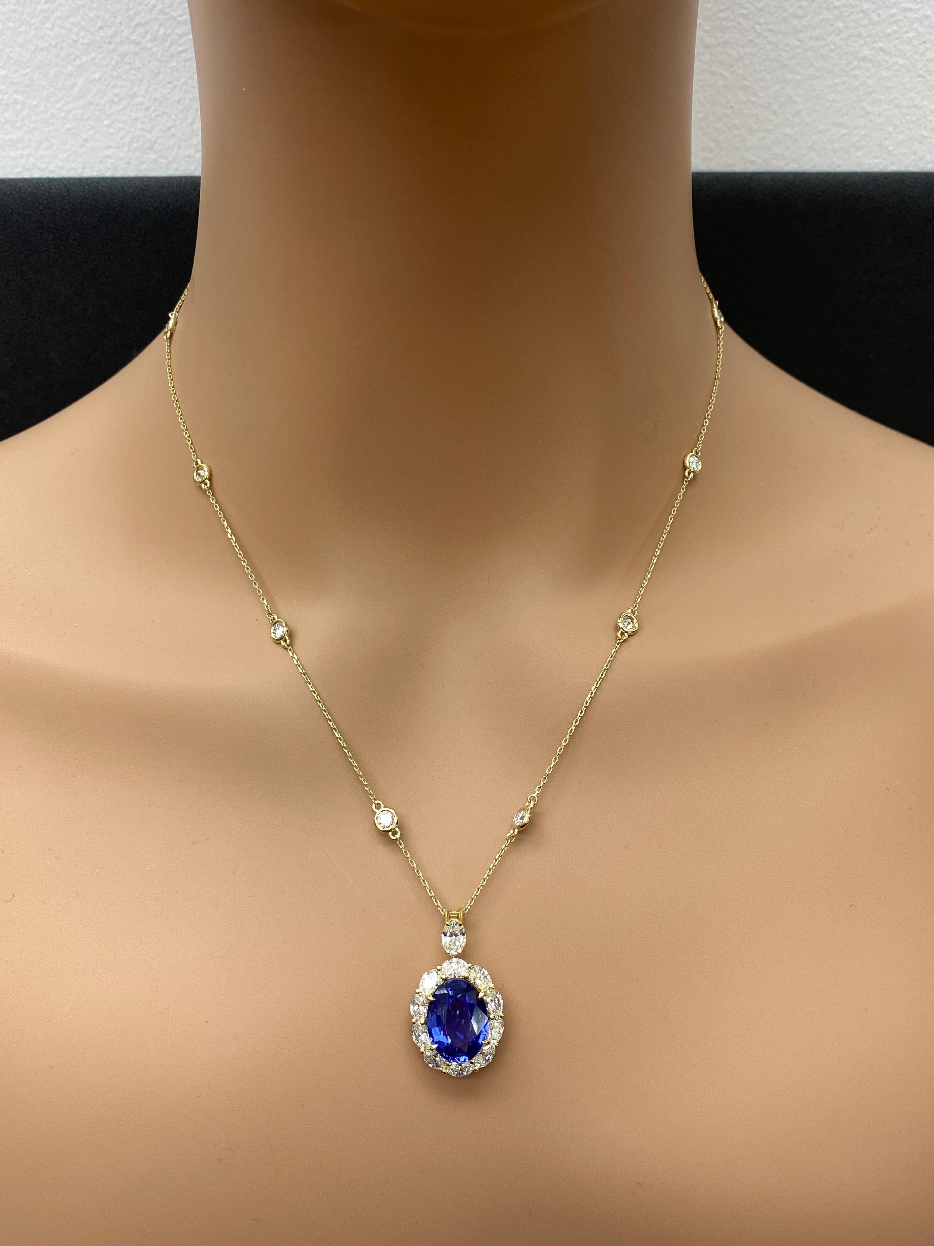 Collier de gouttes en or jaune 18 carats, saphir ovale et diamant de 5,94 carats en vente 4