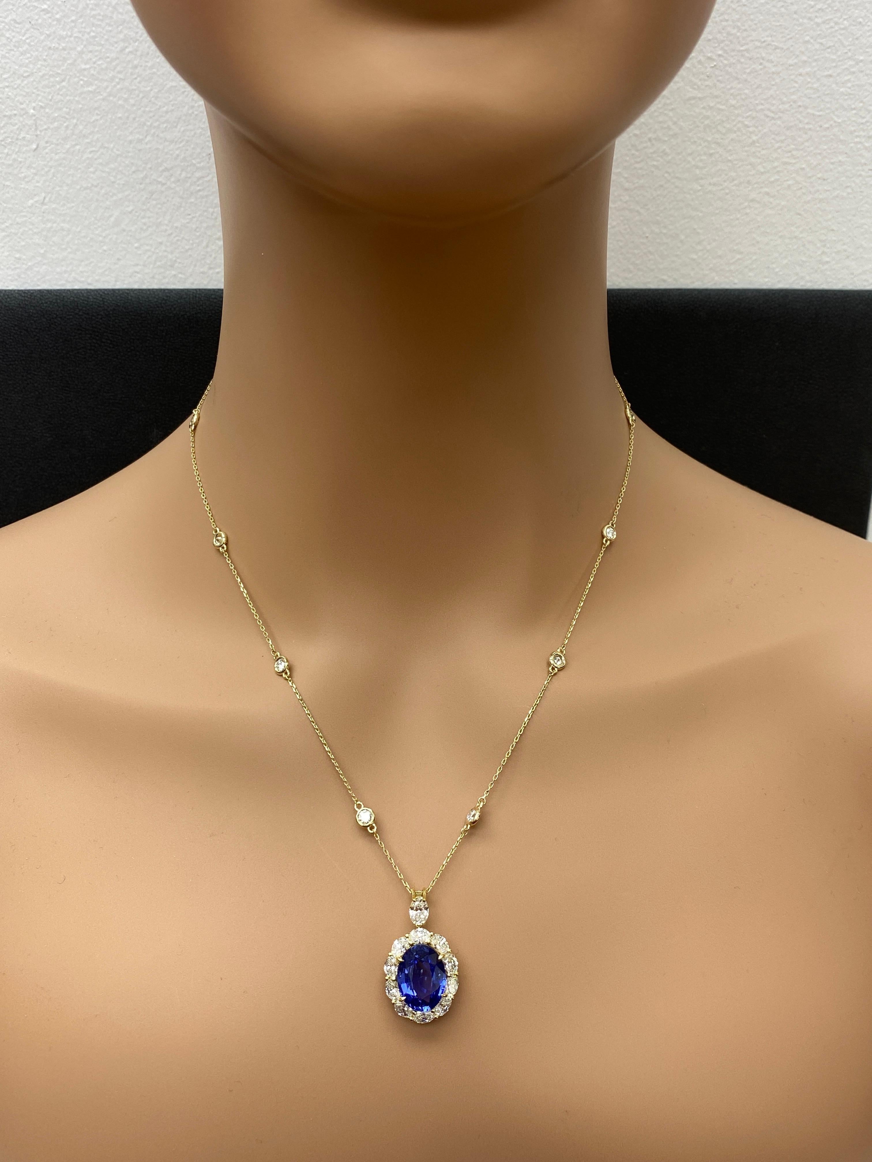 Collier de gouttes en or jaune 18 carats, saphir ovale et diamant de 5,94 carats en vente 5