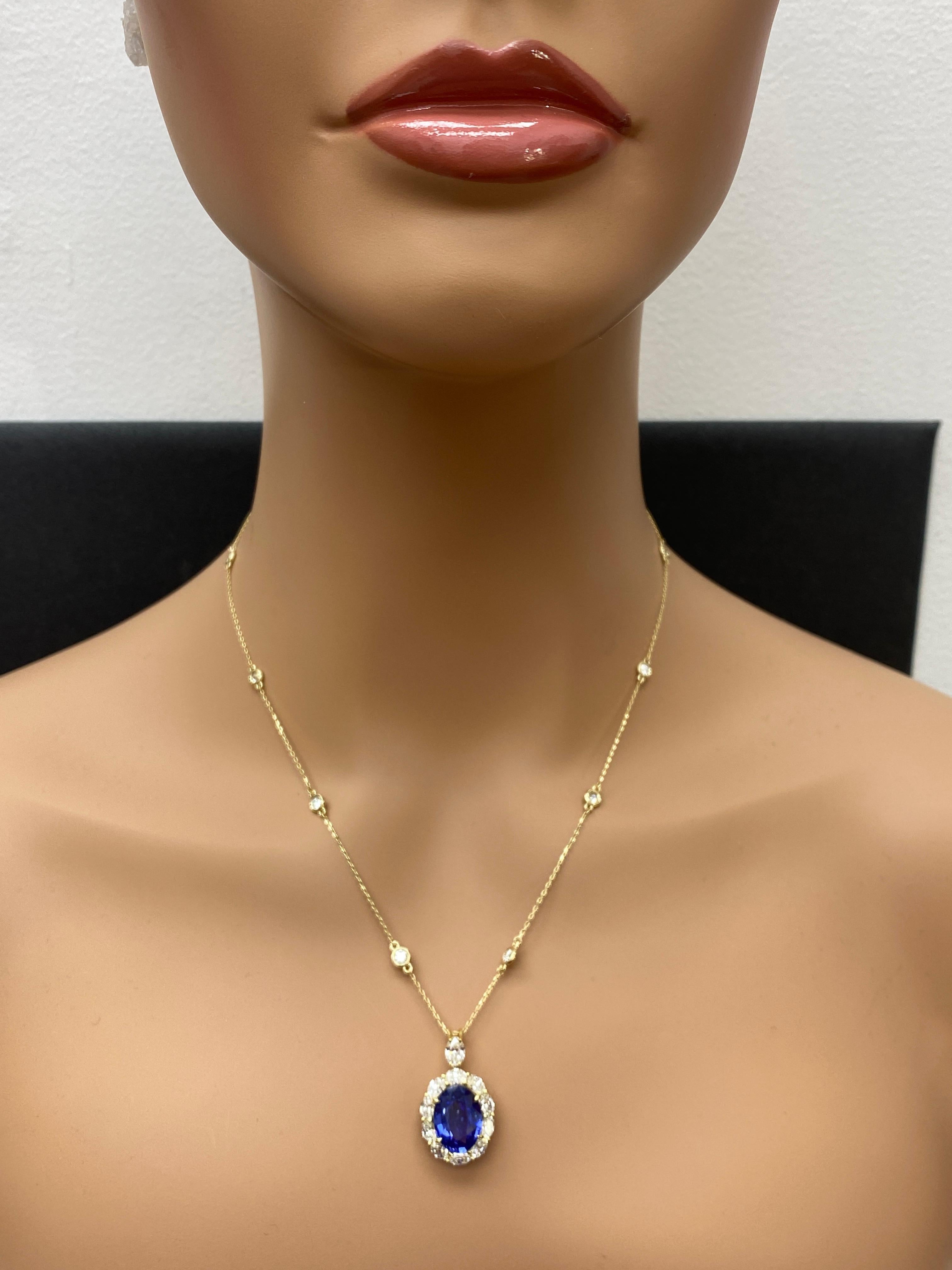 Collier de gouttes en or jaune 18 carats, saphir ovale et diamant de 5,94 carats en vente 6