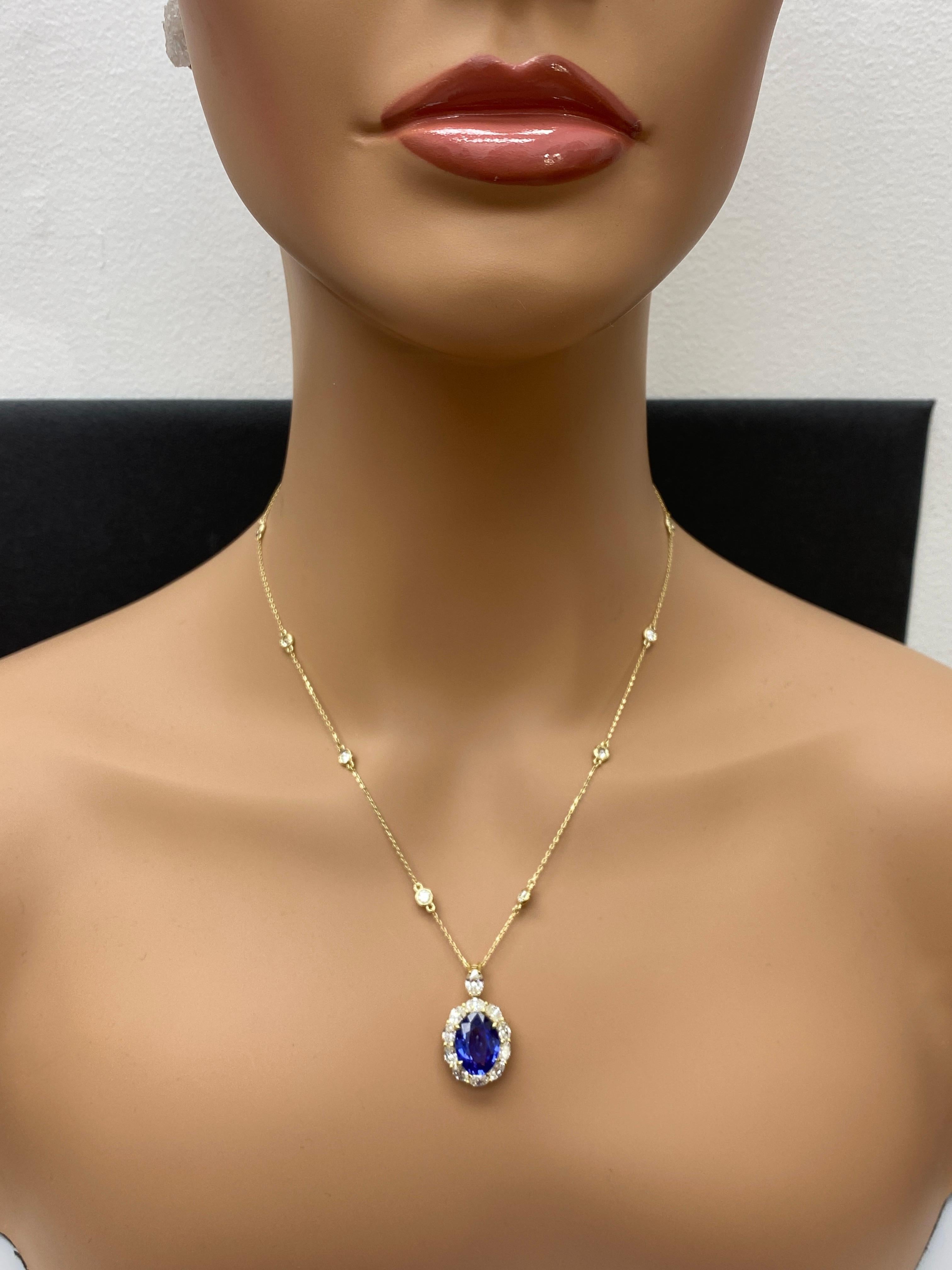 Collier de gouttes en or jaune 18 carats, saphir ovale et diamant de 5,94 carats en vente 7