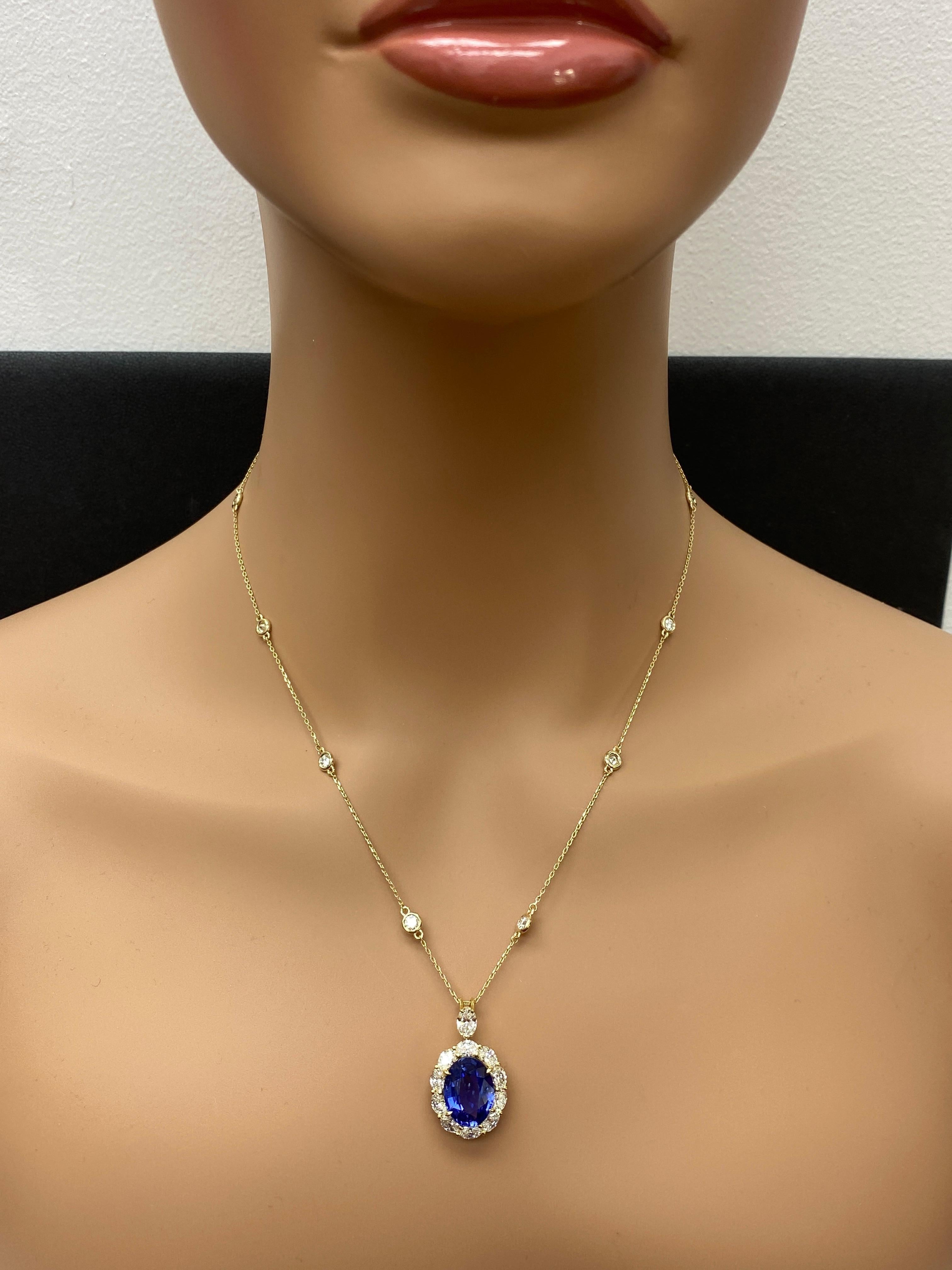 Collier de gouttes en or jaune 18 carats, saphir ovale et diamant de 5,94 carats en vente 8