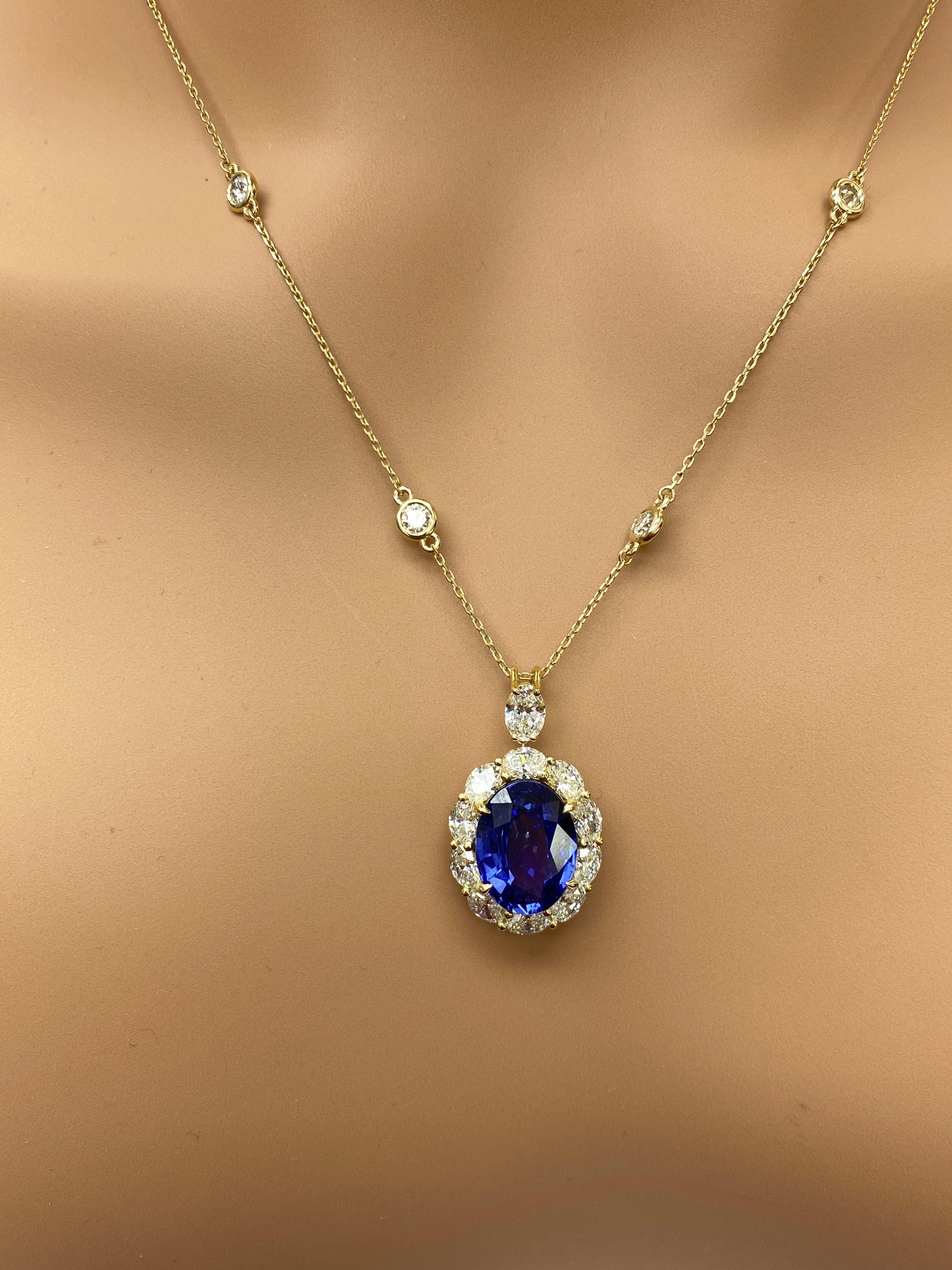 Collier de gouttes en or jaune 18 carats, saphir ovale et diamant de 5,94 carats Pour femmes en vente
