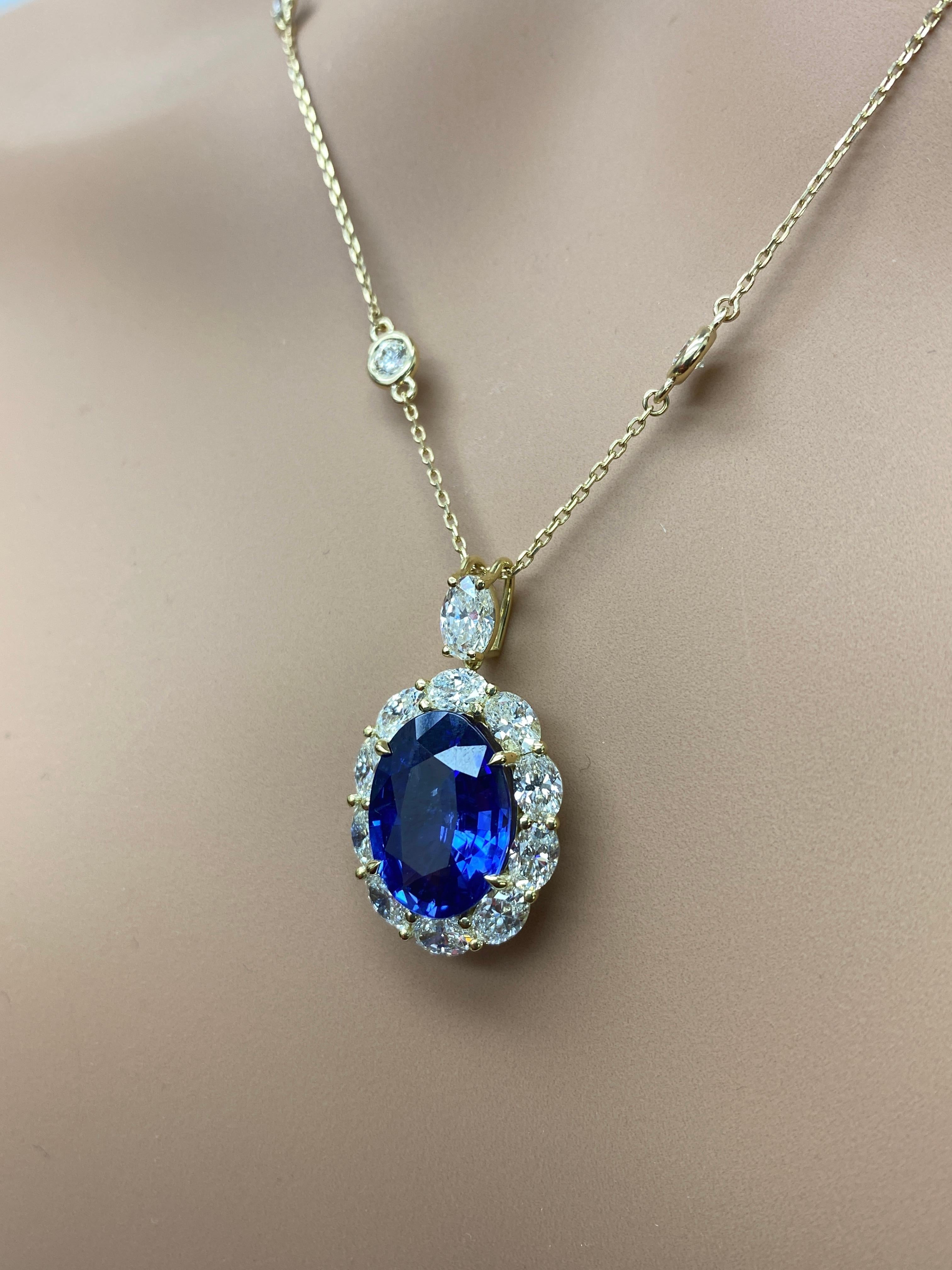 Collier de gouttes en or jaune 18 carats, saphir ovale et diamant de 5,94 carats en vente 1