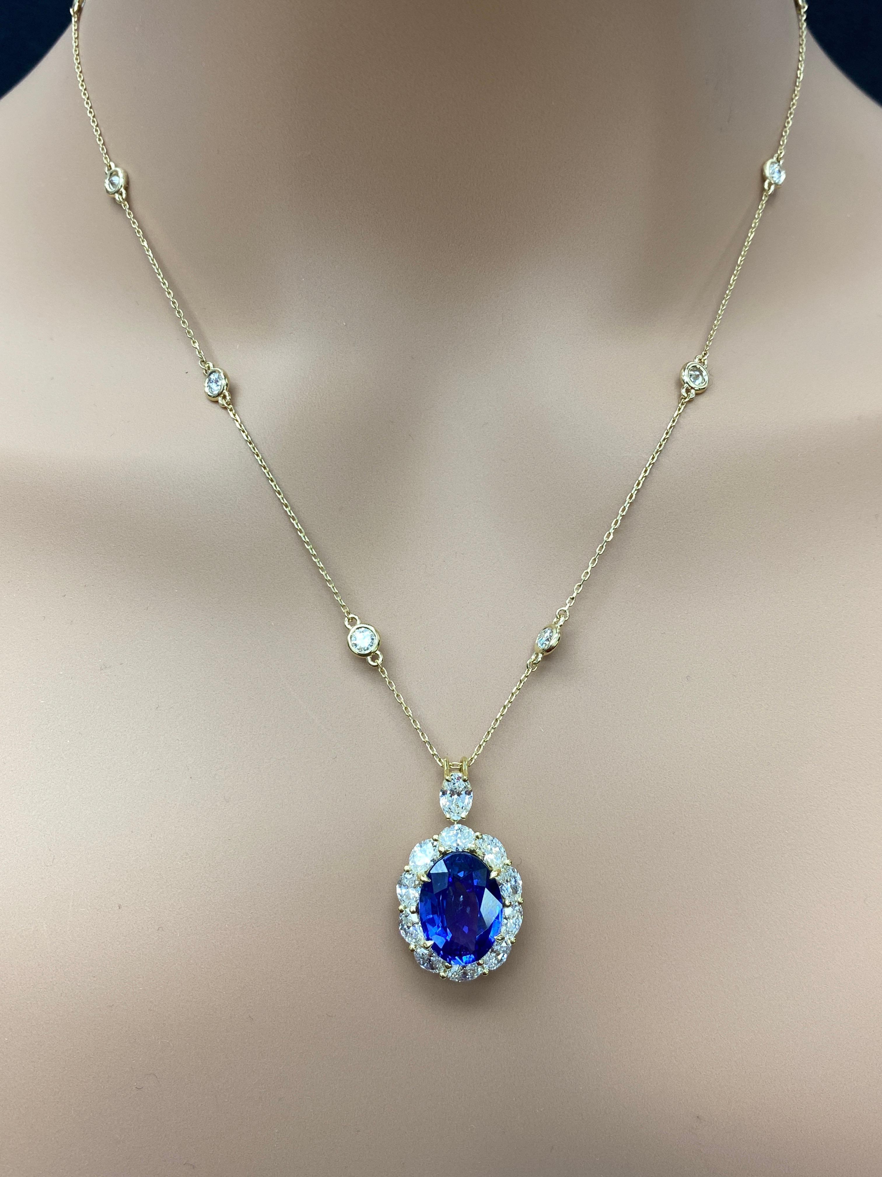 Collier de gouttes en or jaune 18 carats, saphir ovale et diamant de 5,94 carats en vente 2