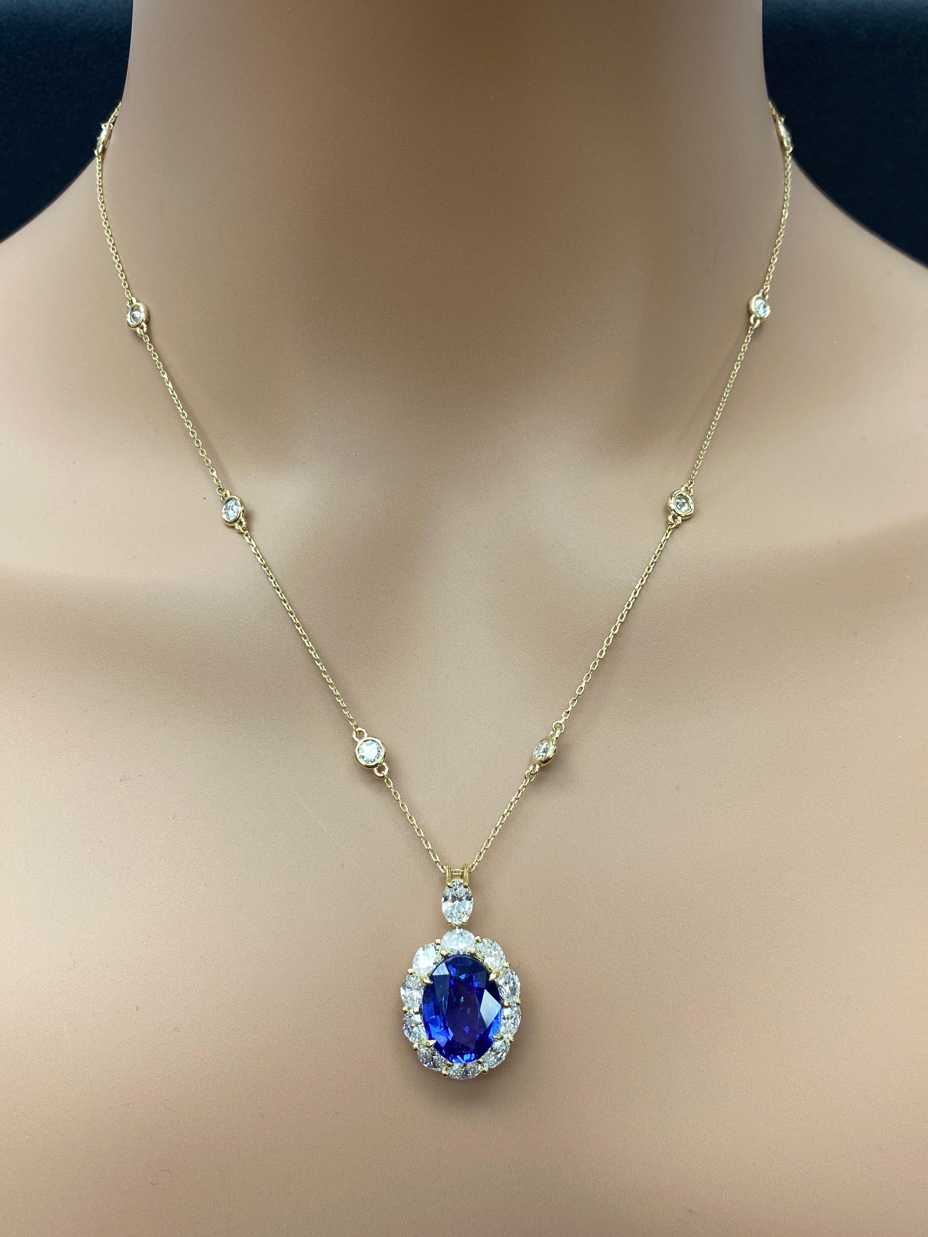 Collier de gouttes en or jaune 18 carats, saphir ovale et diamant de 5,94 carats en vente 3
