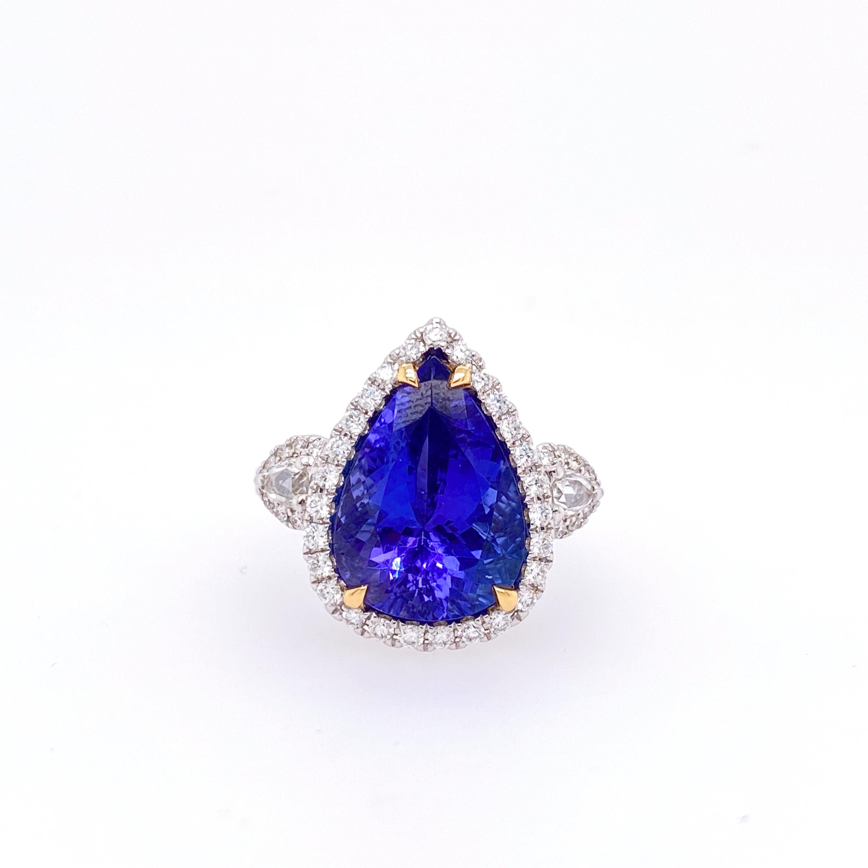 Pear Cut 5.94 Carat Pear Shape Tanzanite and Diamond Ring For Sale