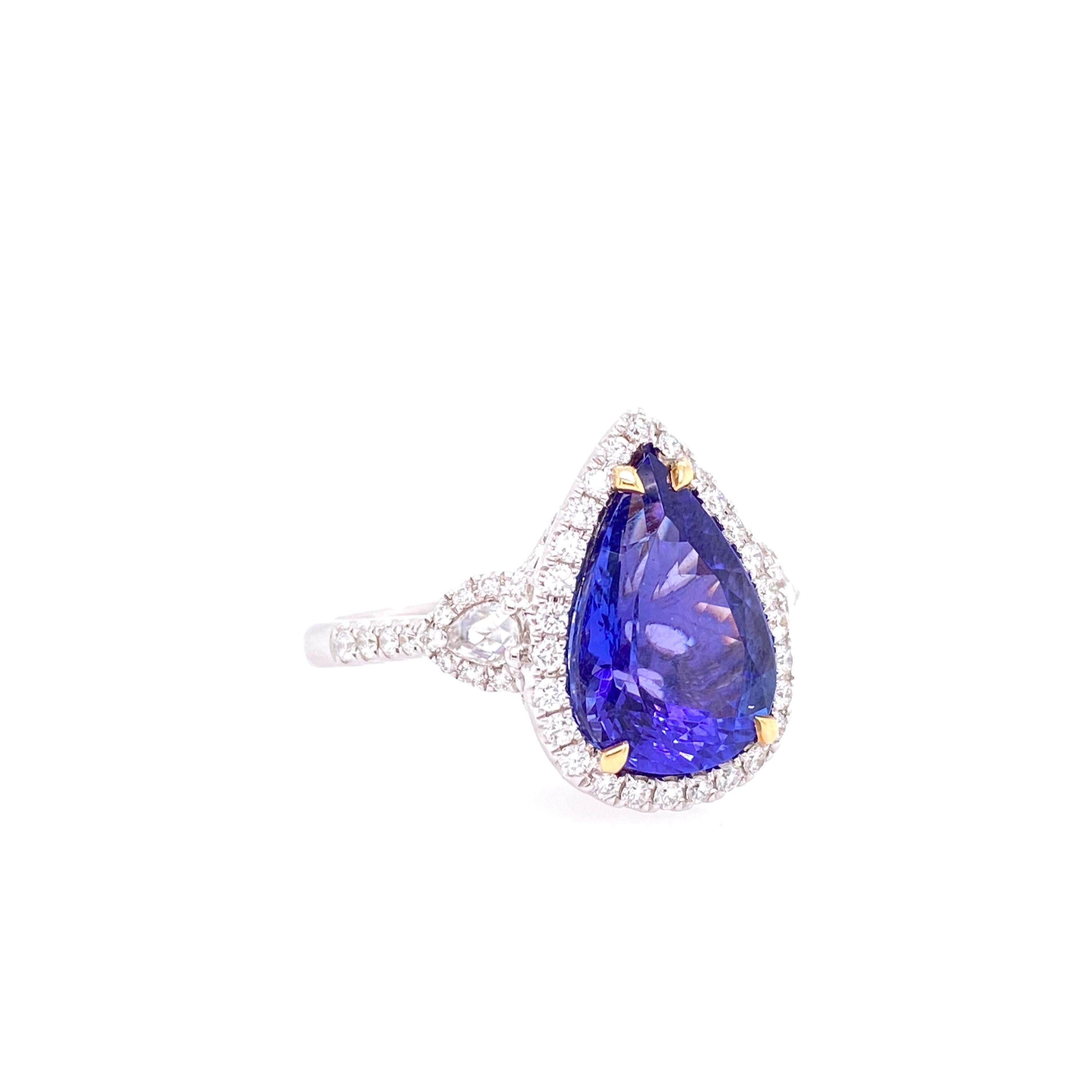 5.94 Carat Pear Shape Tanzanite and Diamond Ring In New Condition For Sale In Great Neck, NY