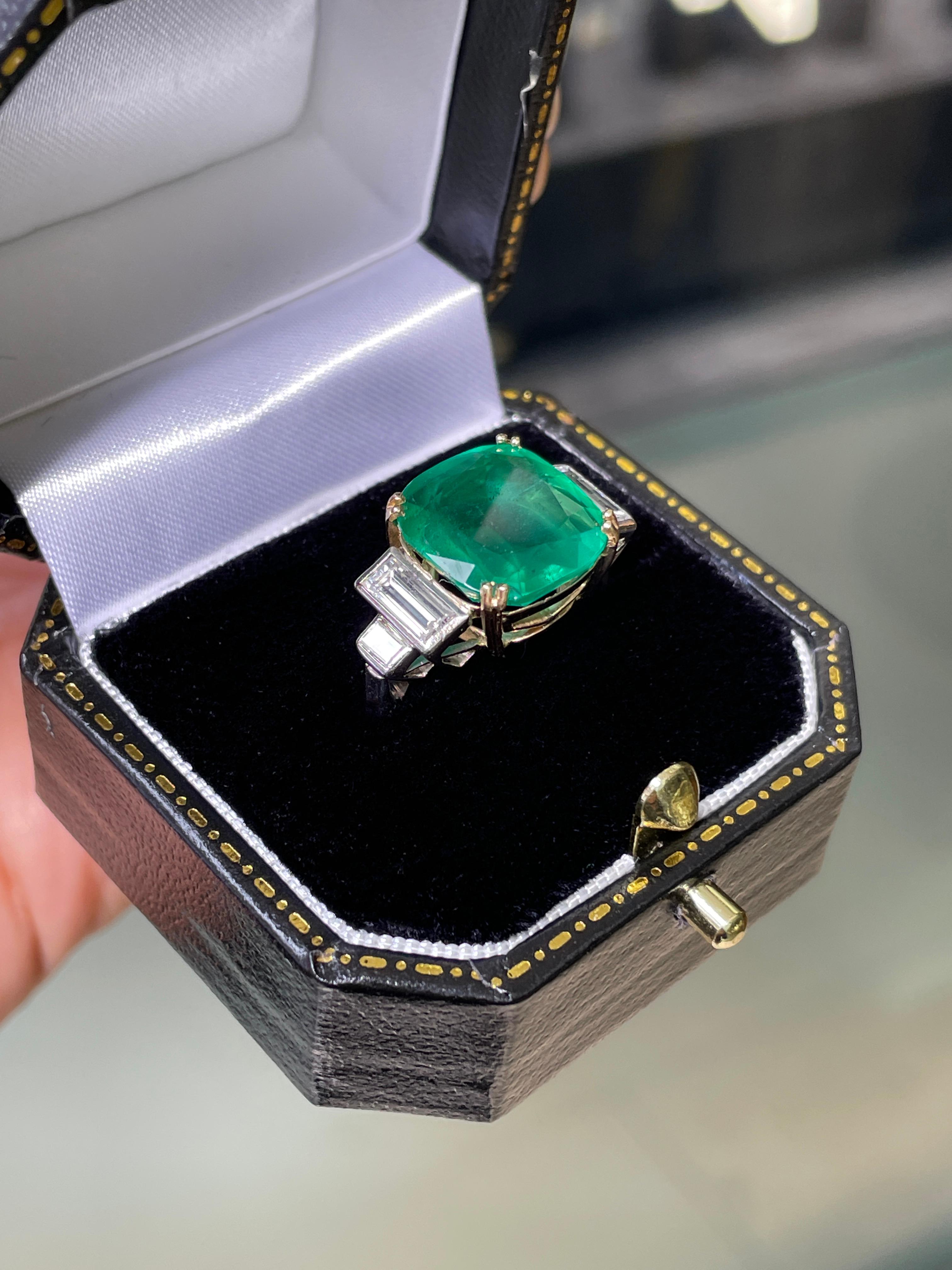 Art Deco 5.94ct Emerald and Diamond 18 Carat Yellow Gold and Platinum Engagement Ring For Sale