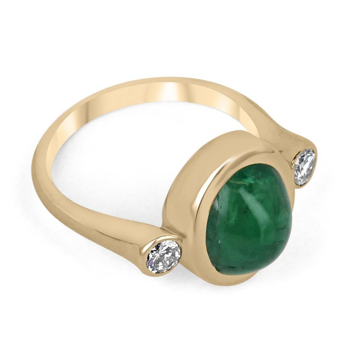 A magnificent emerald cabochon and diamond accent three-stone ring. This remarkable piece features a stunning, high-quality, dark emerald green cabochon emerald. Cut into the shape of an oval, with very good clarity and luster. The center stone is