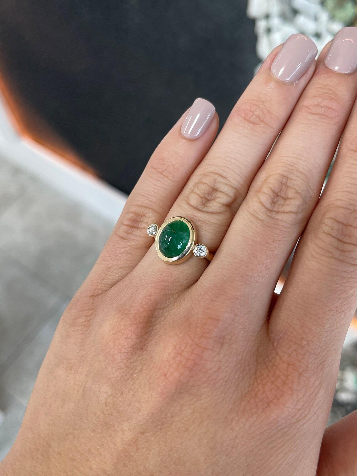 Modernist 5.94tcw 14K Oval Cabochon Cut Emerald & Round Diamond Three Stone Bezel Ring For Sale