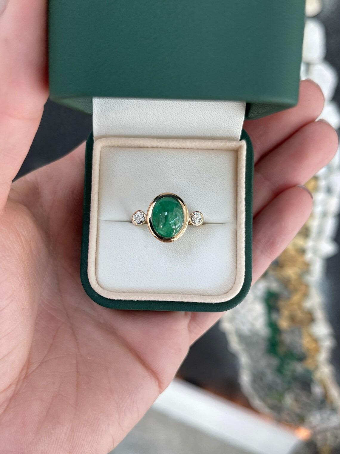 Women's 5.94tcw 14K Oval Cabochon Cut Emerald & Round Diamond Three Stone Bezel Ring For Sale