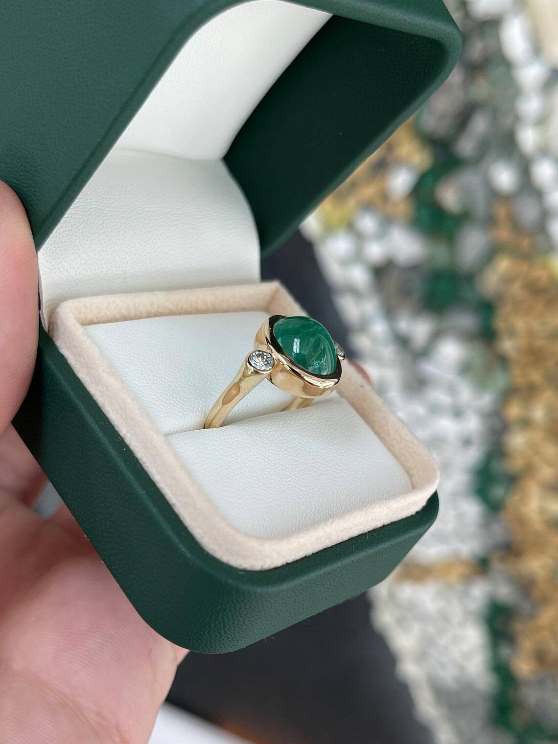 5.94tcw 14K Oval Cabochon Cut Emerald & Round Diamond Three Stone Bezel Ring For Sale 2