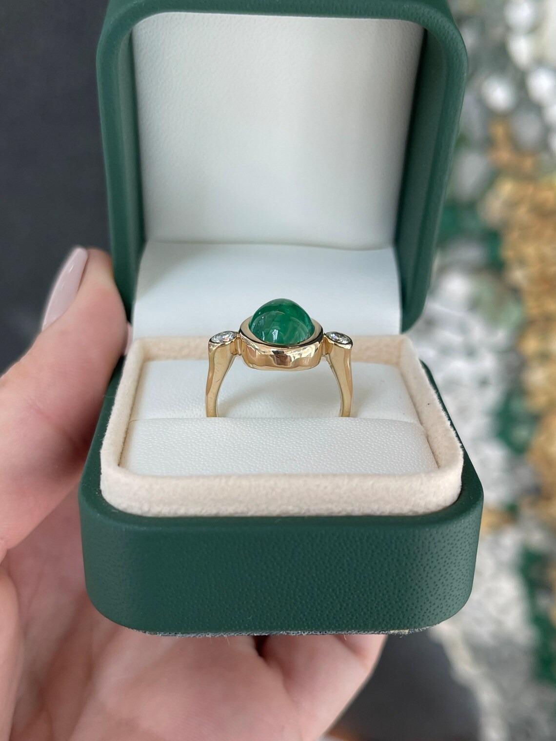 5.94tcw 14K Oval Cabochon Cut Emerald & Round Diamond Three Stone Bezel Ring For Sale 3