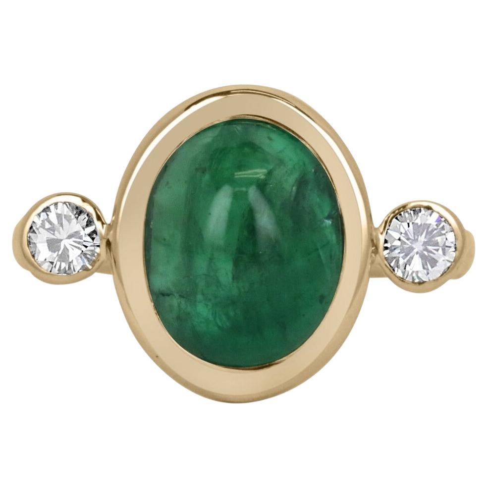 5.94tcw 14K Oval Cabochon Cut Emerald & Round Diamond Three Stone Bezel Ring For Sale