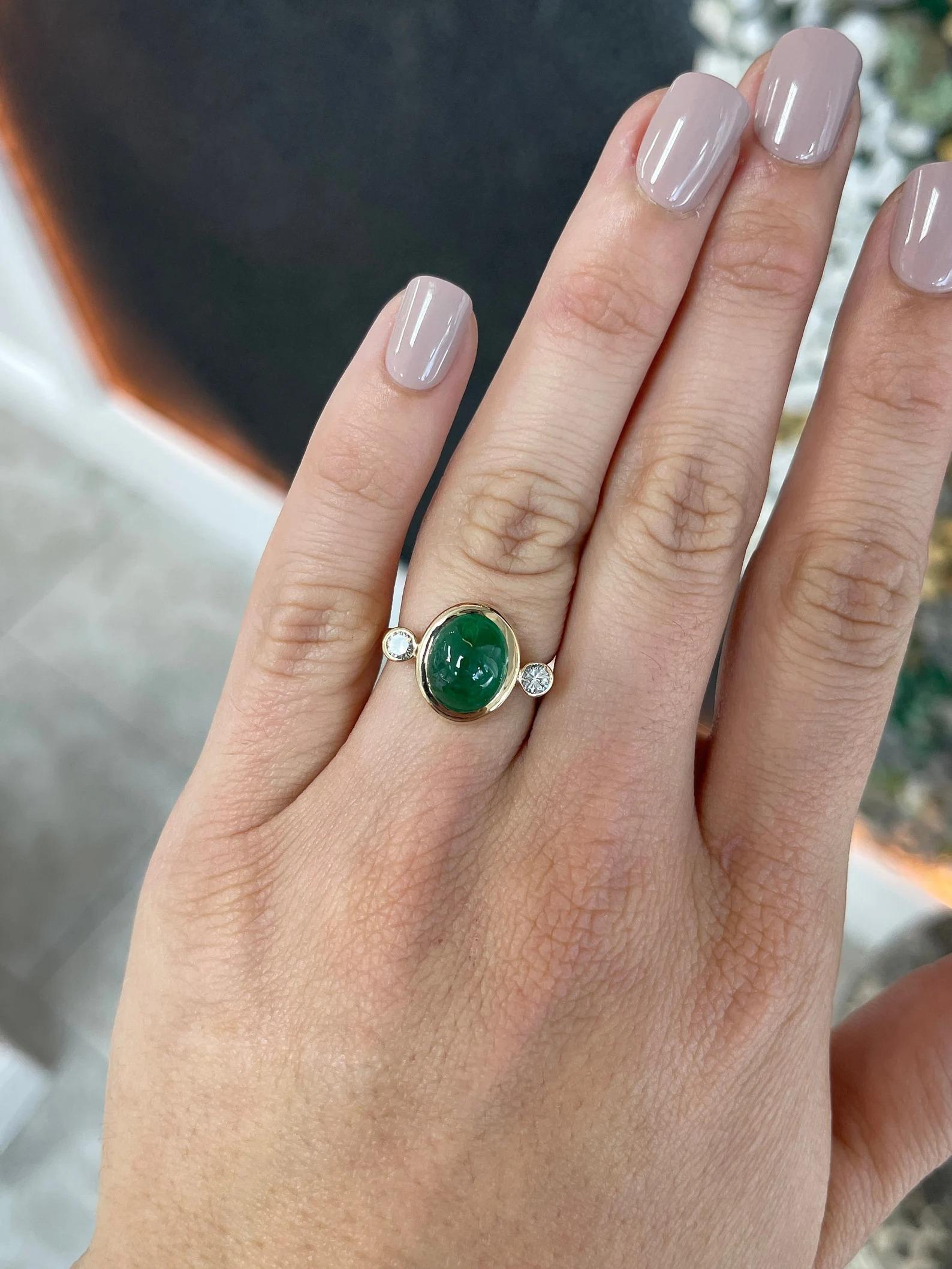 Modern 5.94tcw Oval Emerald Cabochon & Diamond Three Stone Gold Ring 14K For Sale