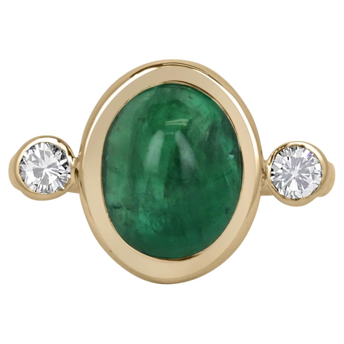 5.94tcw Oval Emerald Cabochon & Diamond Three Stone Gold Ring 14K